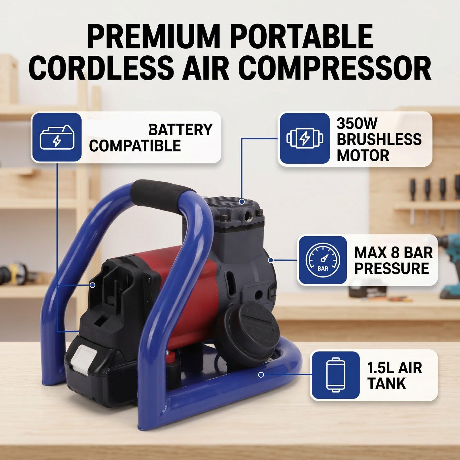 Fafeicy Compressore D'Aria Senza Fili, Motore Brushless da 350 W Serbatoio da 1,5 L Avvio Automatico da 8 Bar con 3 Ugelli per Gonfiaggio Pneumatici Lavorazione del Legno Verniciatura