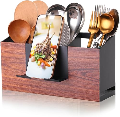 Organizador de Utensilios Grande de Hierro con 3 Compartimentos para Encimera o Pared, Almacenamiento de Utensilios de Cocina (Negro)