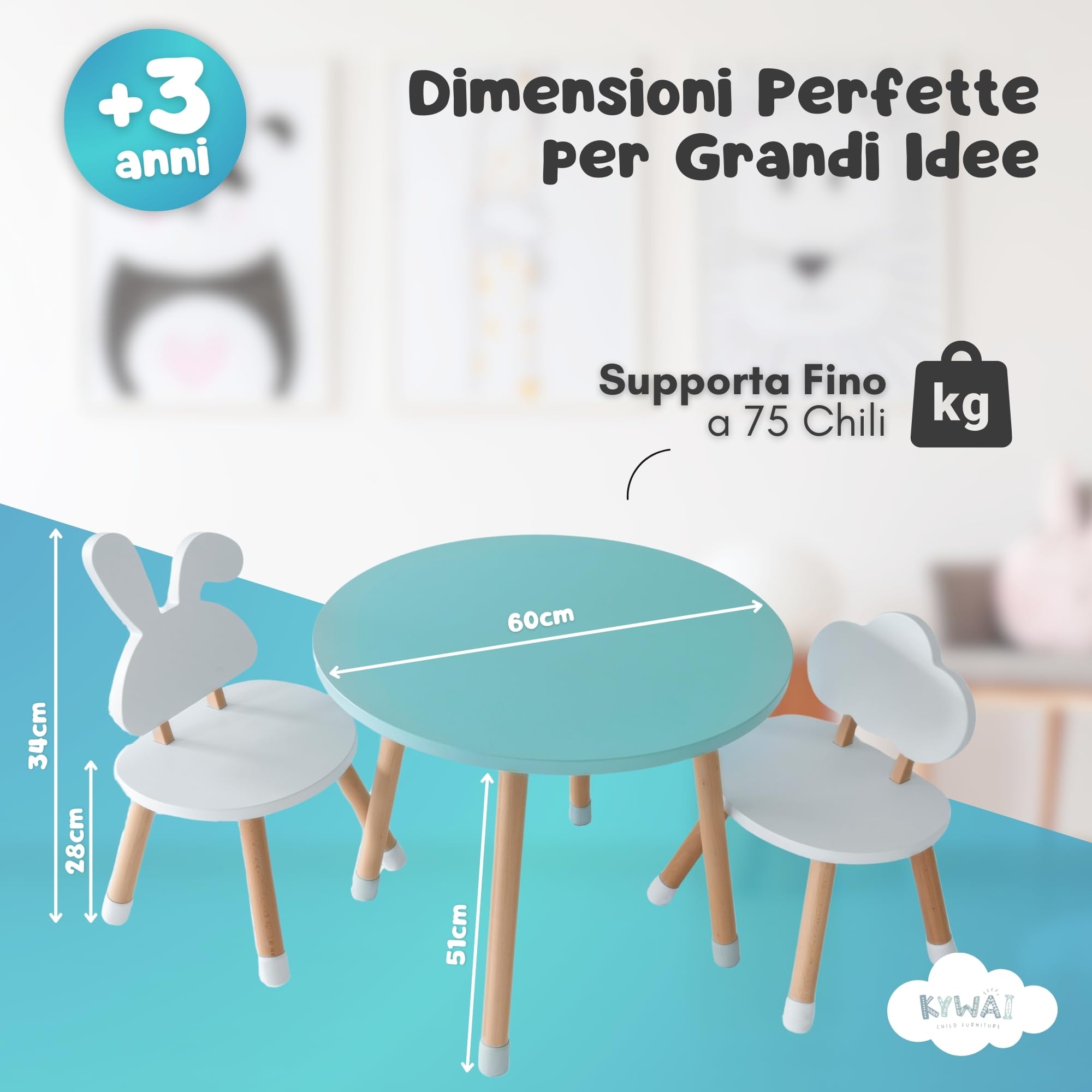 Tavolino Bambini con 2 Sedie in Legno di Pino - Tavolo e Sedie per Bambini
