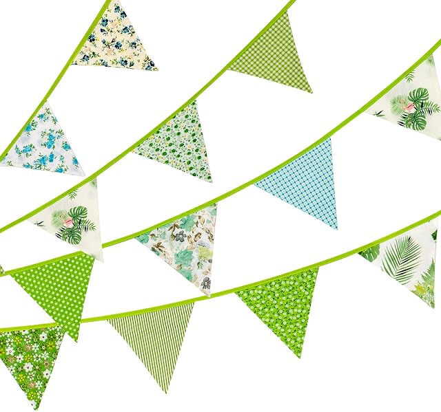 Whaline 12 Pcs Fabric Bunting Banner,11.8 Feet Double Sided Triangle Flags, Vintage Floral Design Party Bunting for Wedding Birthday Baby Shower Home Decoration (Green)