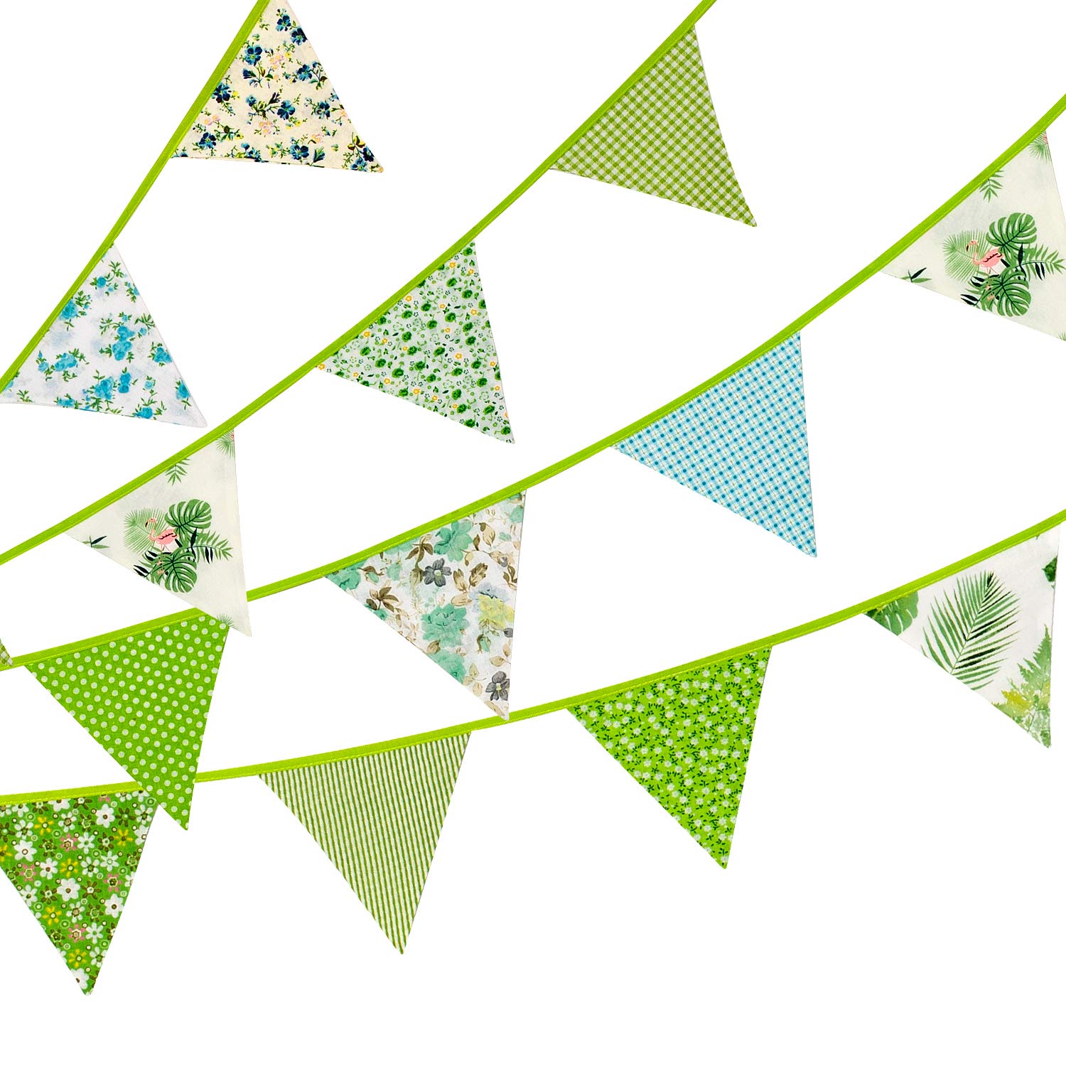 Whaline 12 Pcs Fabric Bunting Banner,11.8 Feet Double Sided Triangle Flags, Vintage Floral Design Party Bunting for Wedding Birthday Baby Shower Home Decoration (Green)