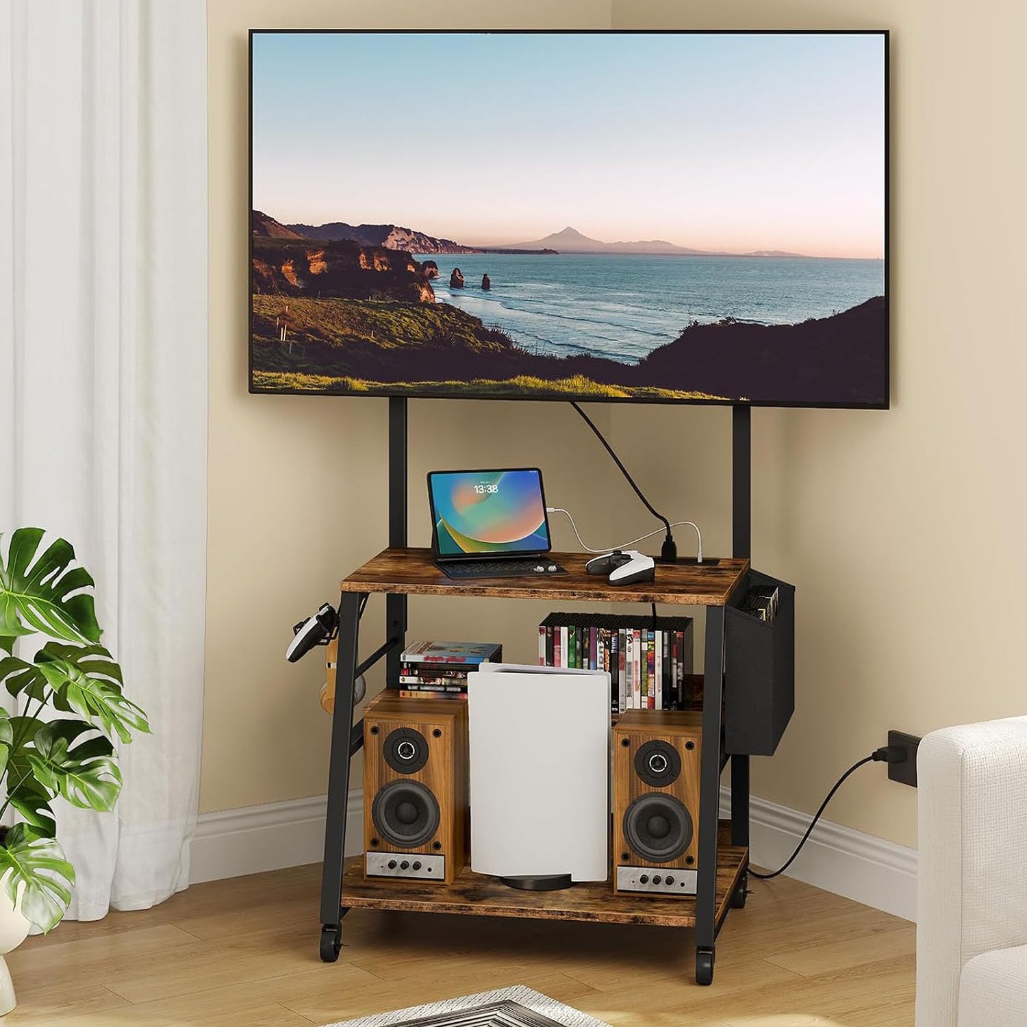 CHOEZON Mobile TV Stand con stazione di ricarica, supporto regolabile e ruote, tavolo console TV rotolante, centro intrattenimento, per TV fino a 75 pollici, ripiano portaoggetti a 3 ripiani, marrone