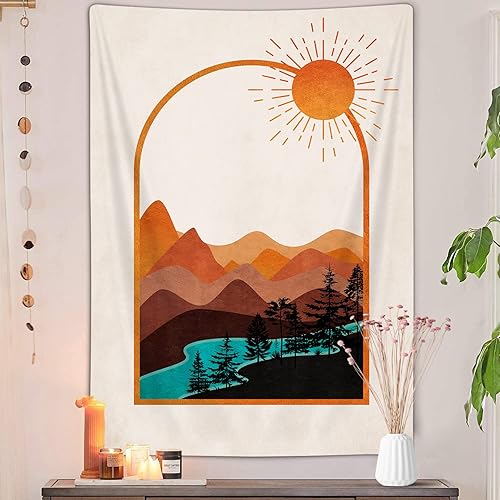 Miniatura 2 de DYNH Bohemian Mountain Tapestry, Retro Nature Sunset Wall Hanging with Sun River Forest, Aesthetic Decor for Bedroom, Living Room, Dorm – Warm