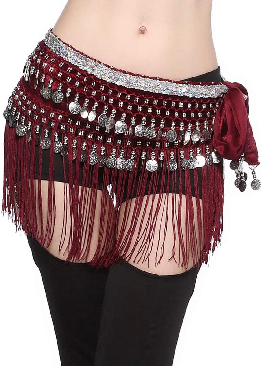 Belly Dance Hip Scarf - Tribal Coins Wave Shape Hip Skirt Belly Dancing Belt Tassel Fringe Shawl Wraps Belts for Women/Girls - Image 3