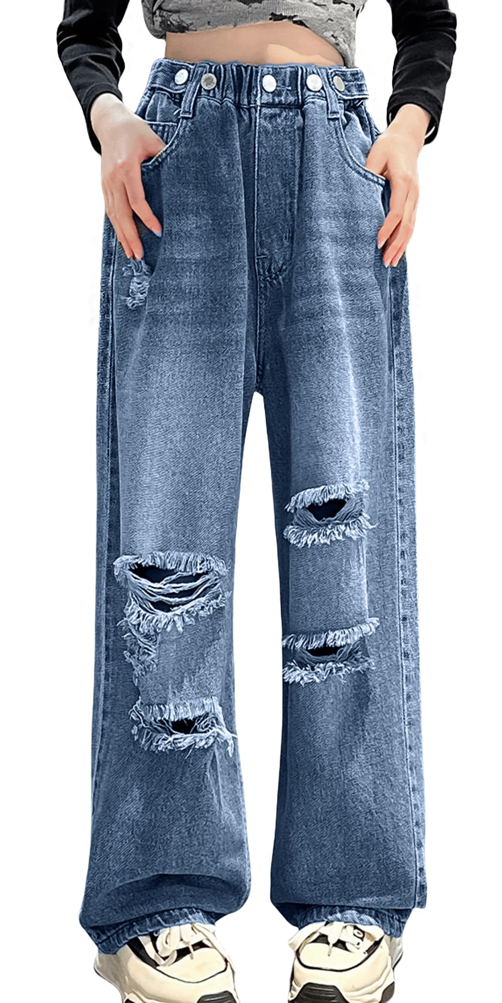 Maeau Pantalones de mezclilla para niños, cintura elástica, pierna ancha, rasgados, holgados, con bolsillos, de 5 a 14 años