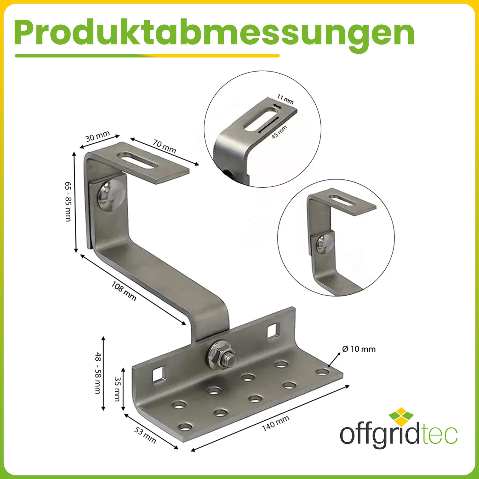 Offgridtec Gancio da tetto inox regolabile 3 direzioni acciaio 5 mm 45–60 mm per tegole scandole alluminio 4x4