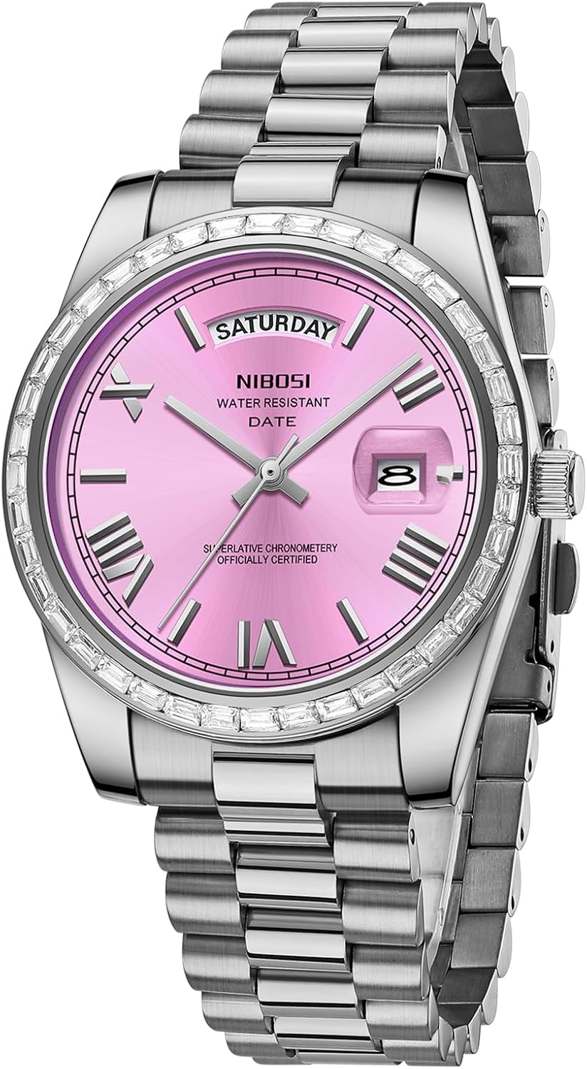 NIBOSI Men's Watches Analog Quartz Diamond Bezel Stainless Steel Dial Rose Gold Silver Watches for Men Waterproof Business Classic Dress Wrist Watch with Day Date