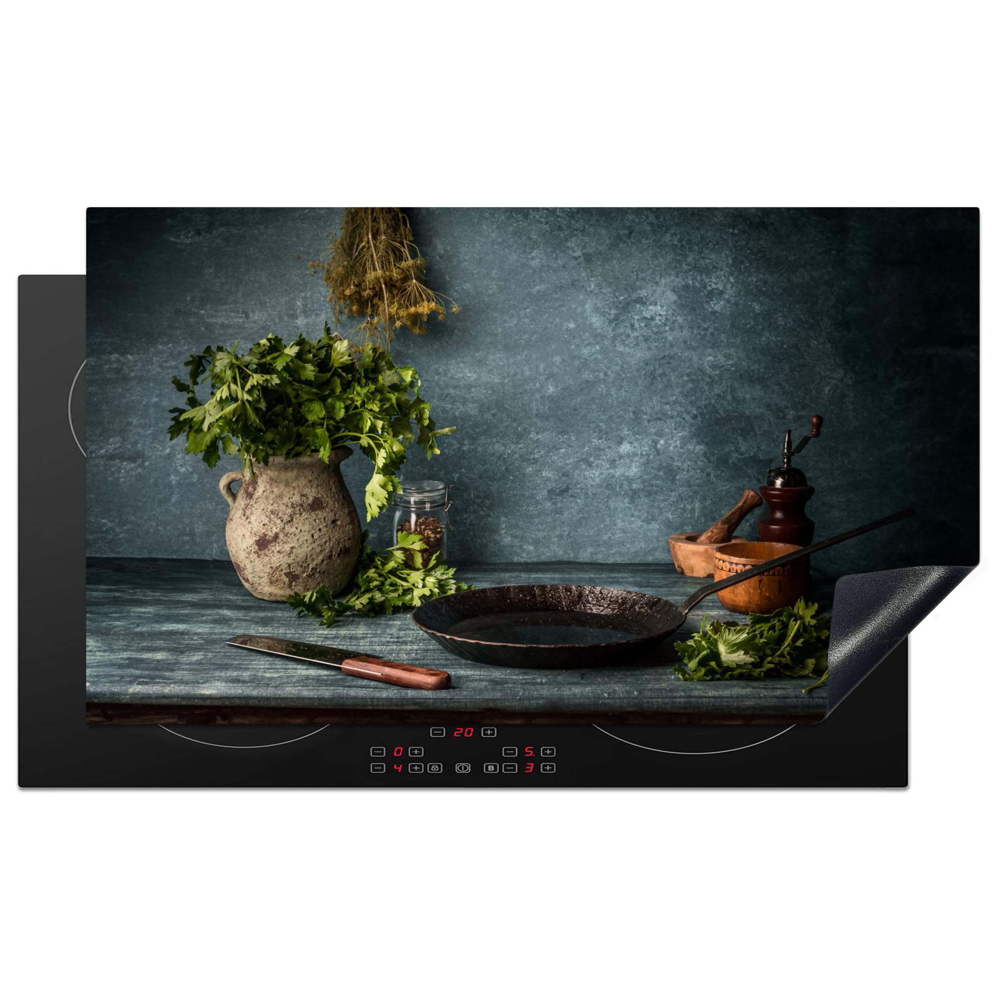 KitchenYeah© Induction Hob Protector Mat 20.3"x35.3" / 89.6x51.6 cm Cooker Top Protectors Cover Ceramic Covers Electric Hobs Vinyl Herbs - Spices - Pan - Knife - Grey - Rustic
