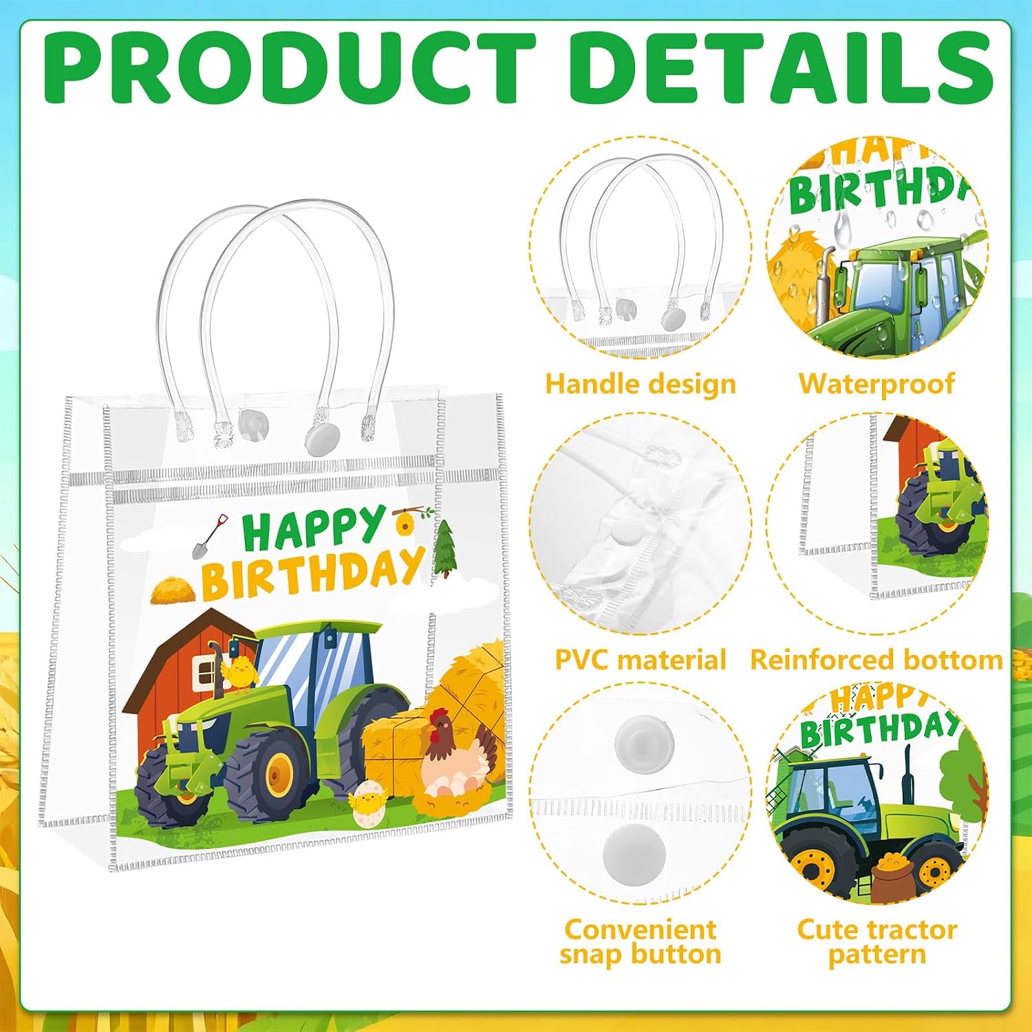 HCEWSBFD 24Pcs Farm Green Tractor Clear Gift Bags with Handle, Tractor Party Treat Boxes, PVC Bag, Plastic Totes Bag, Candy Goodie Treat Tote, Reusable Plastic Tote Bags for Farm Themed Birthday Party