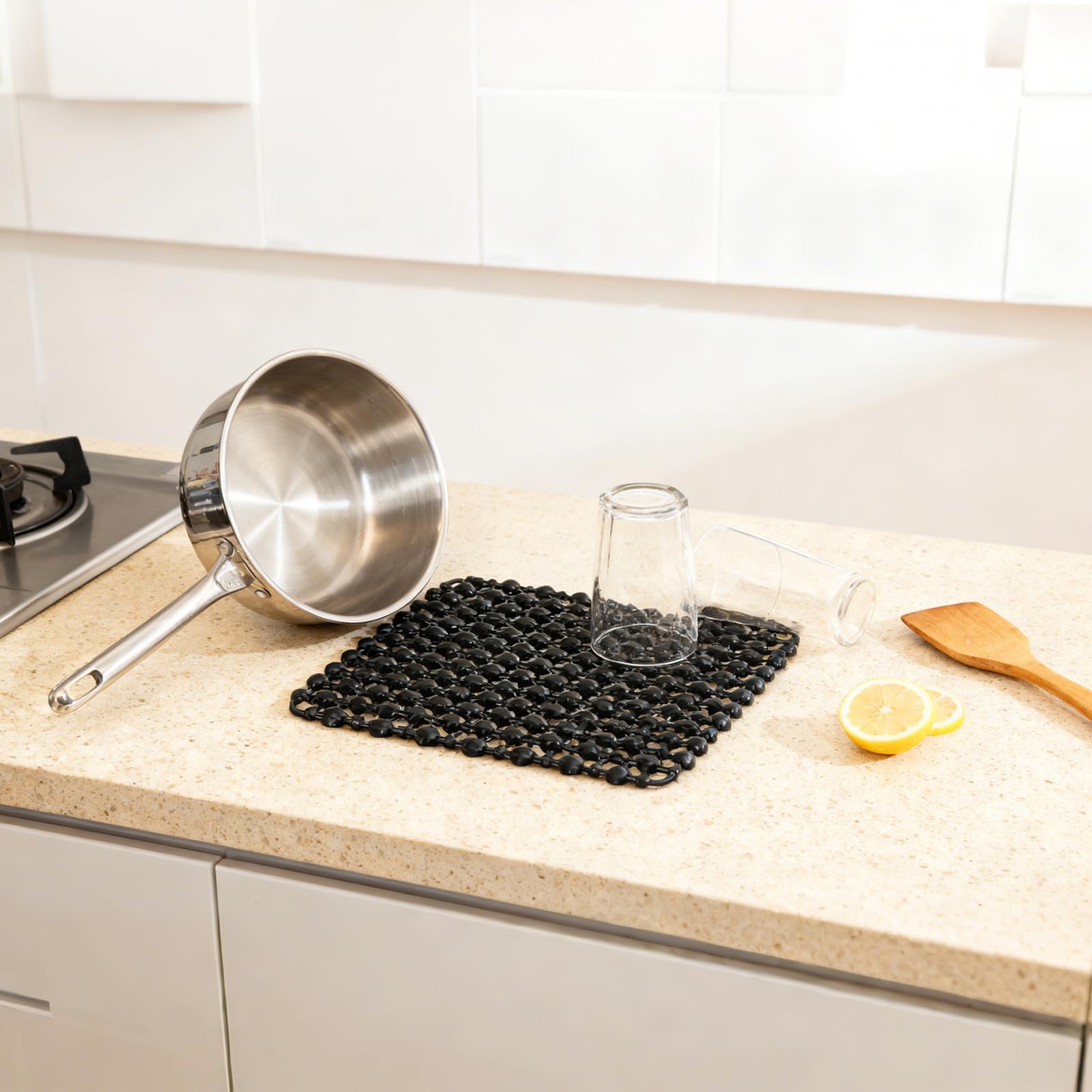 Tappetino Per Lavello Cucina In Silicone Nero 28x28 Cm, Antiscivolo Con Ventose E Drenaggio, Proteggi Stoviglie E Lavandino, Lavabile E Tagliabile Su Misura