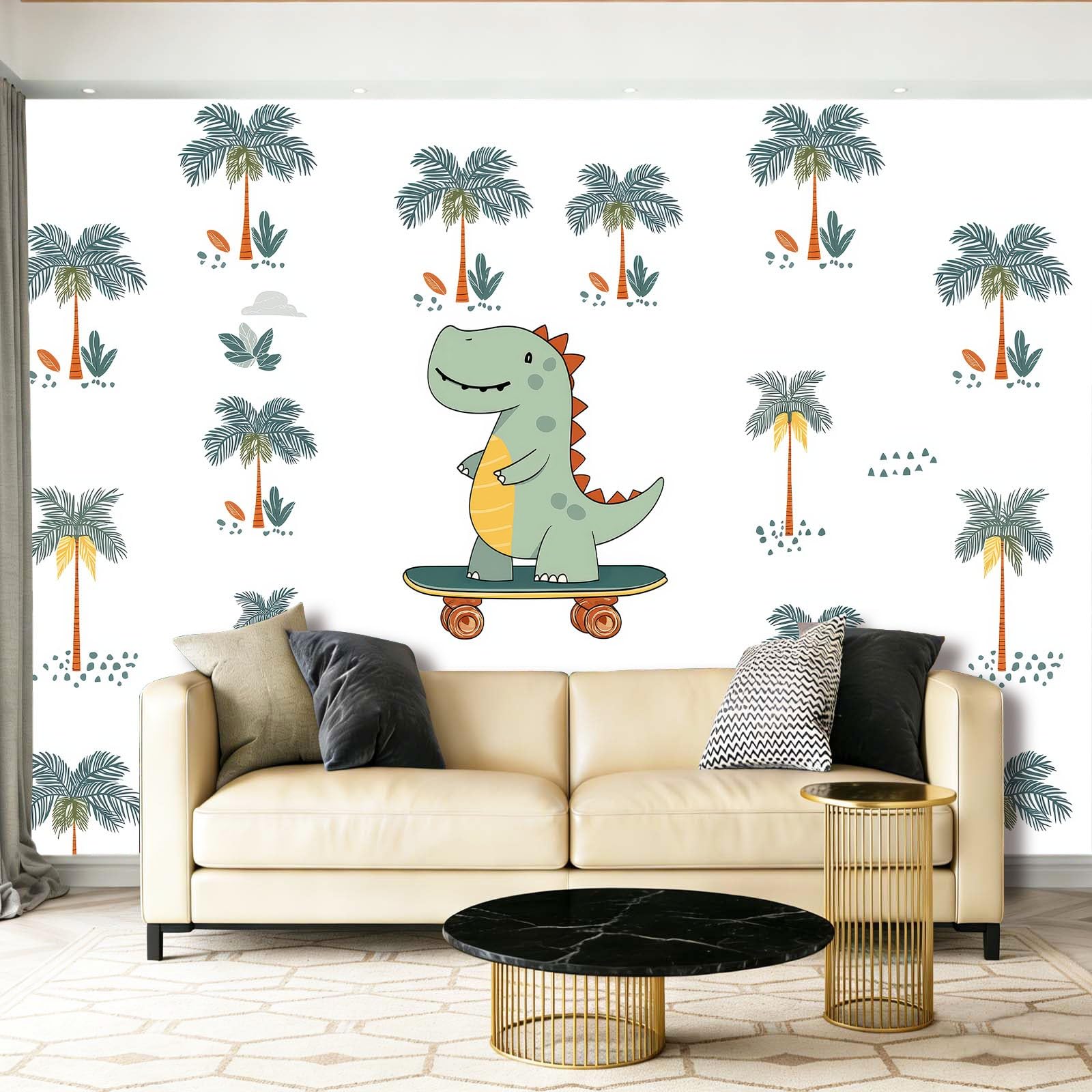 Fototapeta biała tapeta 250 x 175 cm (szer. x wys.), nowoczesna tapeta z włókniny, efekt 3D, dekoracja ścienna, kreskówka, dinozaur, zielona, palma, tapeta ścienna, do salonu, restauracji, pokoju