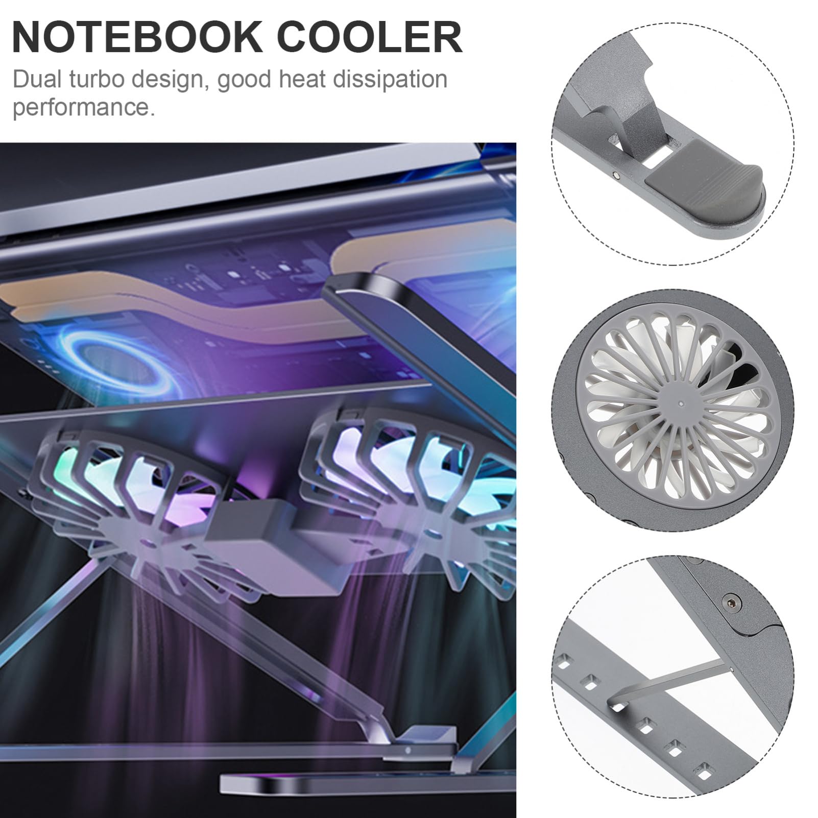 Supporto Notebook Ventilato in Lega di Alluminio Doppia Dissipazione e Aspirazione a Turbina, Base di Raffreddamento Regolabile per Laptop e Tablet