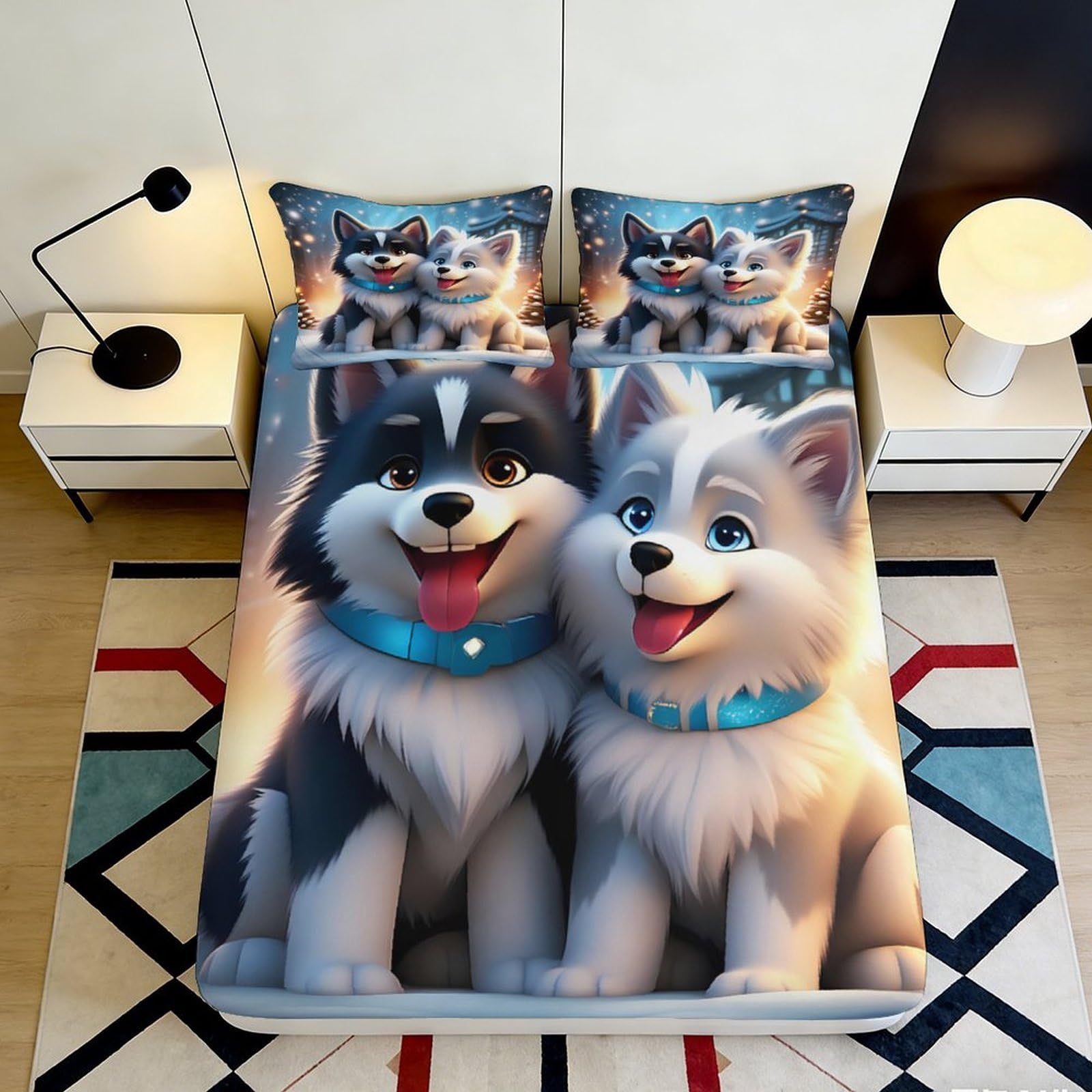 3D Printed Husky Dog Fitted Sheet Microfiber Soft Anti-Slip Cartoon Puppy Bed Cover for Bedroom Dorm Mattress Decor 90x200x25cm