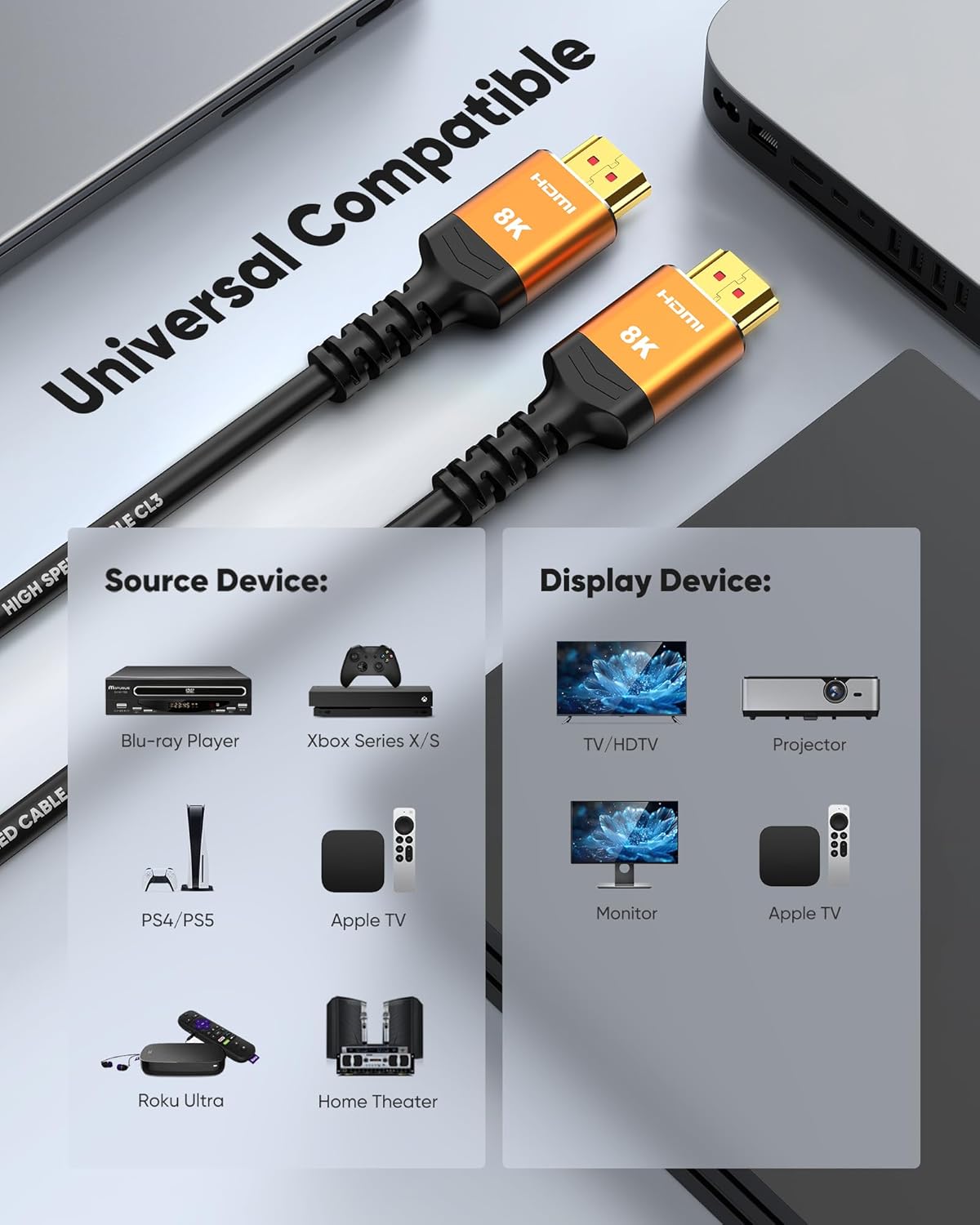 Highwings HDMI Cables 30FT Long, 8K Ultra High Speed HDMI 2.1 Cable [in-Wall CL3 Rated, 48Gbps] 8K@60 4K@120Hz/144Hz, HDMI Cord eARC HDCP 2.2 & 2.3, Compatible for XbX/S/HDTV/GPUs 30 & 40 Series