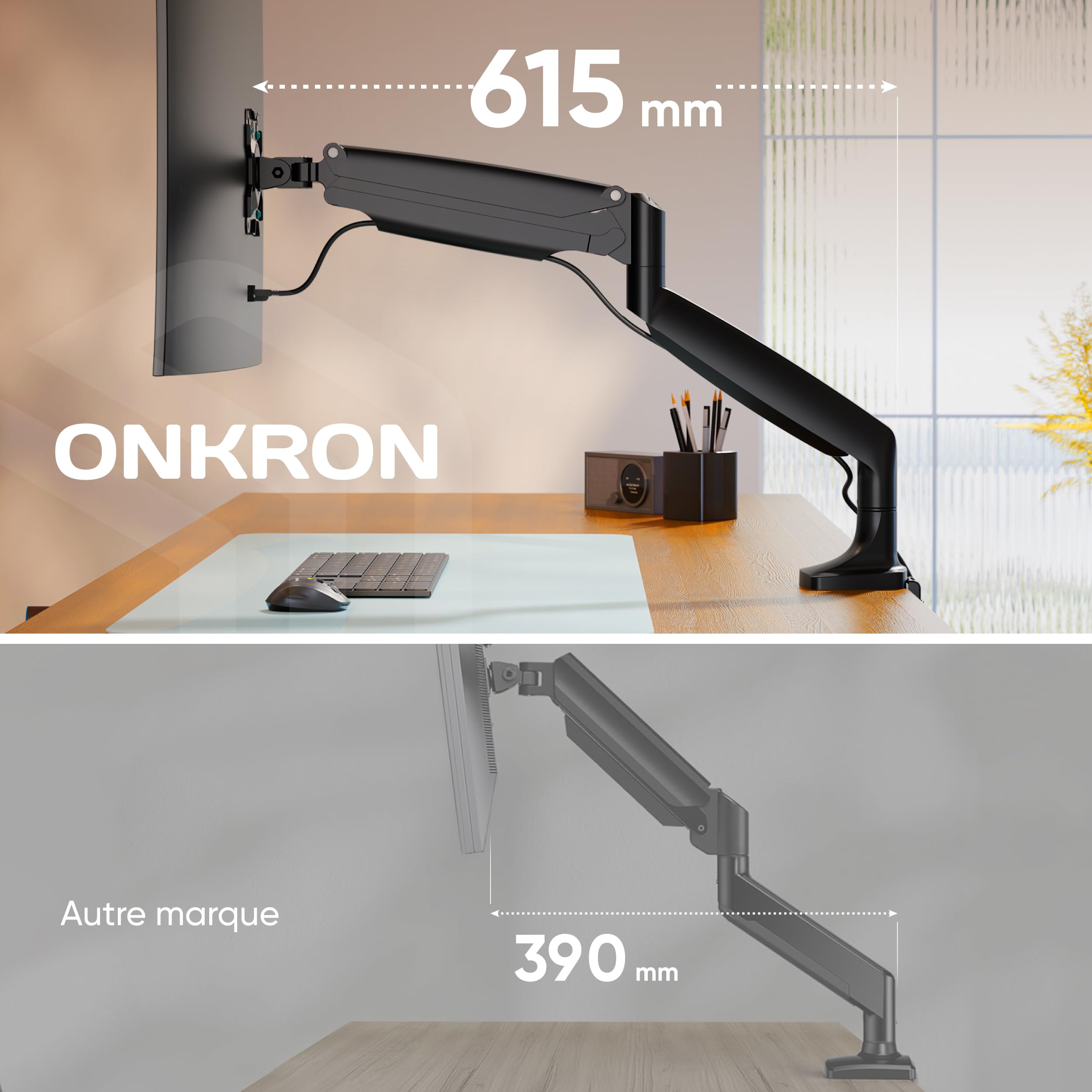 ONKRON Support Ecran PC pour 13-32 Pouces Charge 9 kg, Bras Articulé Écran VESA 75x75 & VESA 100x100, Support Écran Rotatif, Bras Ecran PC Bureau Ressort à Gaz, Monitor Arm Orientable Noir G100-B