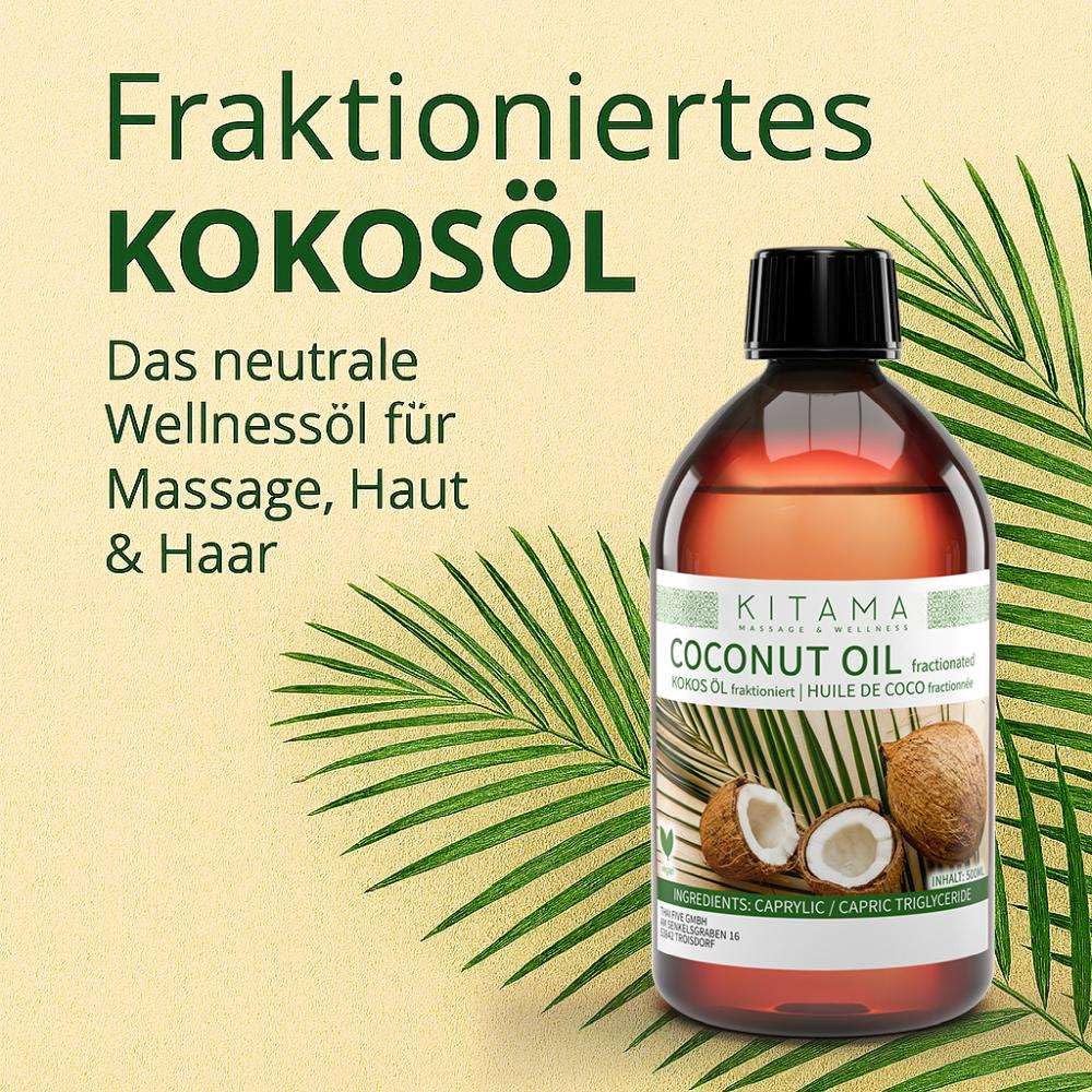 Kitama Olio di cocco frazionato, 5 l, olio da massaggio inodore | Olio vettore liquido e neutro di noci di cocco per oli essenziali e per la cura di pelle e capelli
