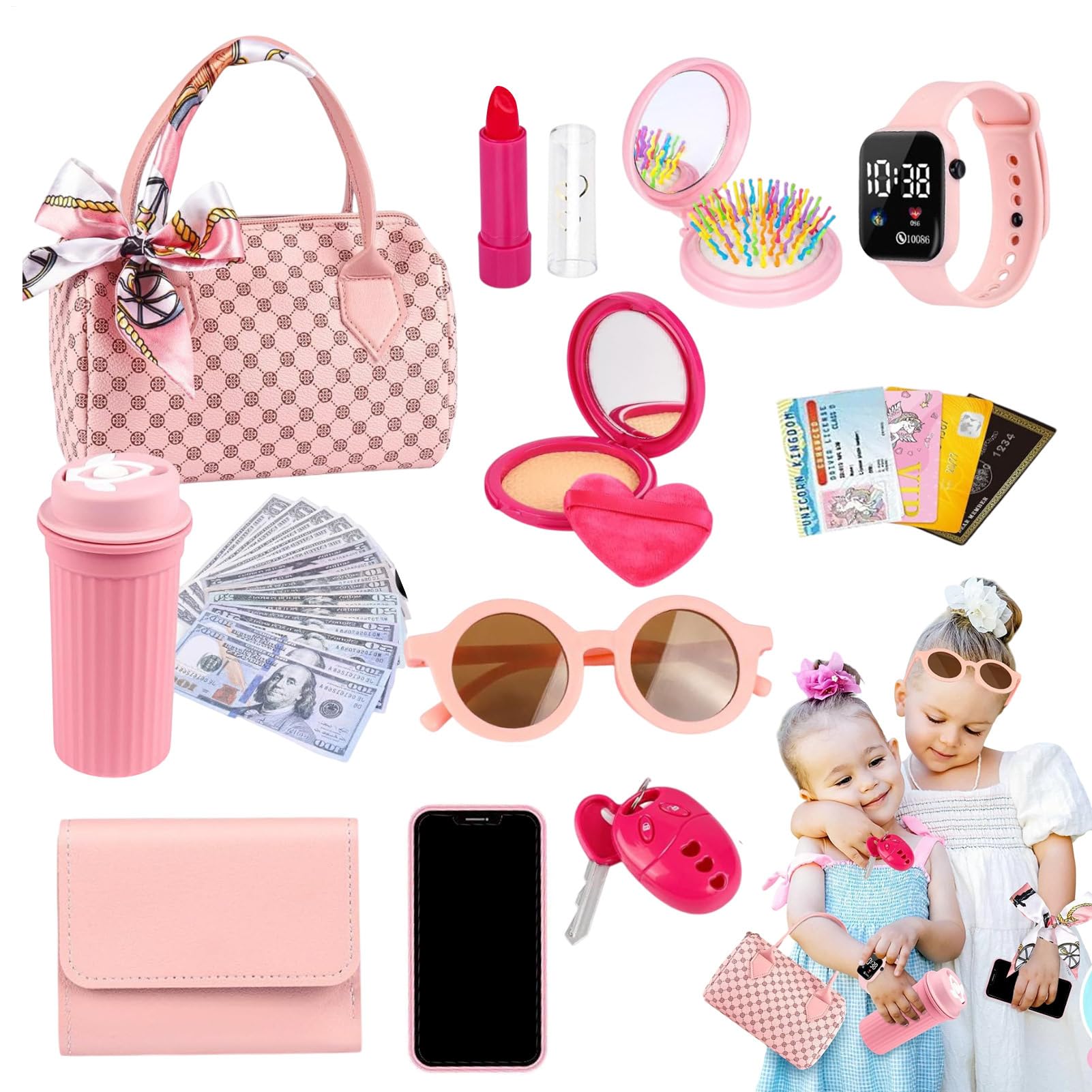 Sac à main pour petites filles avec accessoires, ensemble de maquillage pour , ensemble sac à main, téléphone, montre numérique, maquillage pour jeunes filles âgées de 3 à 6 ans