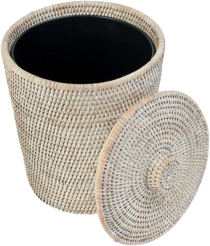 KOUBOO La Jolla Rattan Round Waste Basket with Plastic Insert & Lid, White Wash : Home & Kitchen