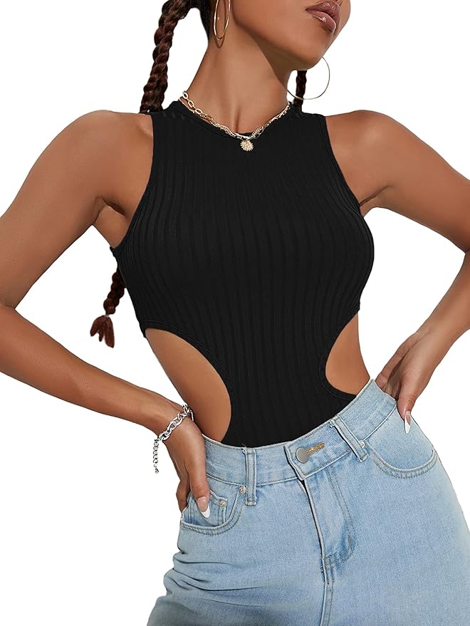 Verdusa Women's Cut Out Side Round Neck Sleeveless Slim Fitted Tank Top