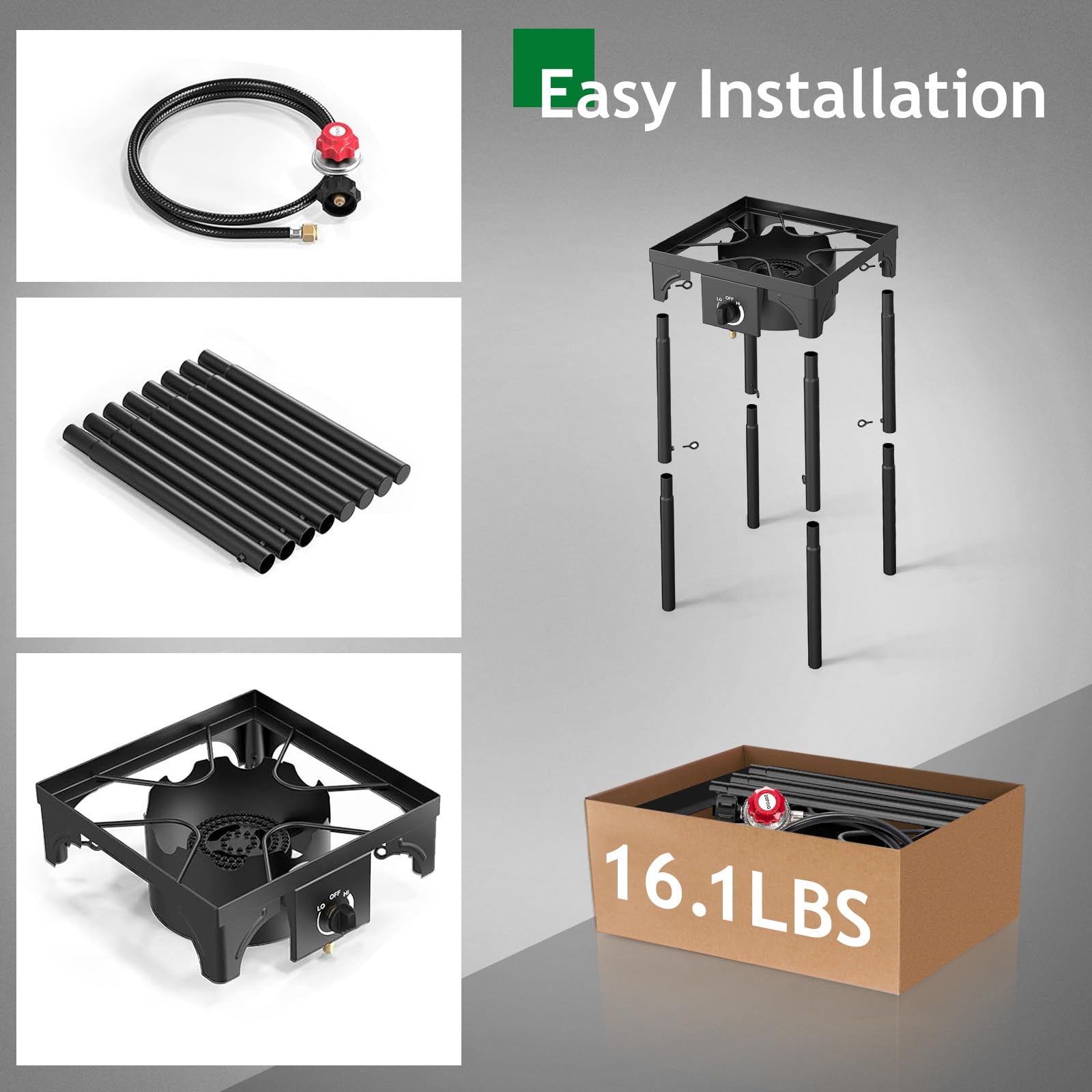 Karl home Estufa de gas propano de 1 quemador para cocinar al aire libre, cocina de camping de 75,000 BTU con patas extraíbles y regulador PSI ajustable para cocinar en el patio trasero, barbacoa,