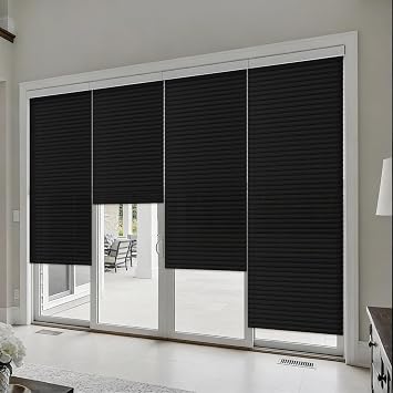 Threehoney 6 Pcs 35 x 110 Inches Blackout Temporary Blinds No Tools Cut to Size Fabric Paper Pleated Shades Adhesive Privacy Blinds for Window French Door Sliding Door Light Filtering Black