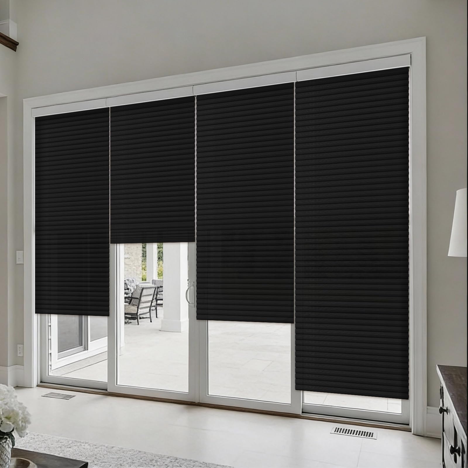 Photo 1 of Threehoney 6 Pcs 35 x 110 Inches Blackout Temporary Blinds No Tools Cut to Size Fabric Paper Pleated Shades Adhesive Privacy Blinds for Window French Door Sliding Door Light Filtering (Black)