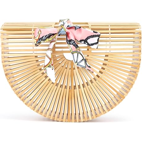 Vintage Bamboo Bags, Summer Handmade Woolen Straw Beach Purses Wooden Basket Handbags