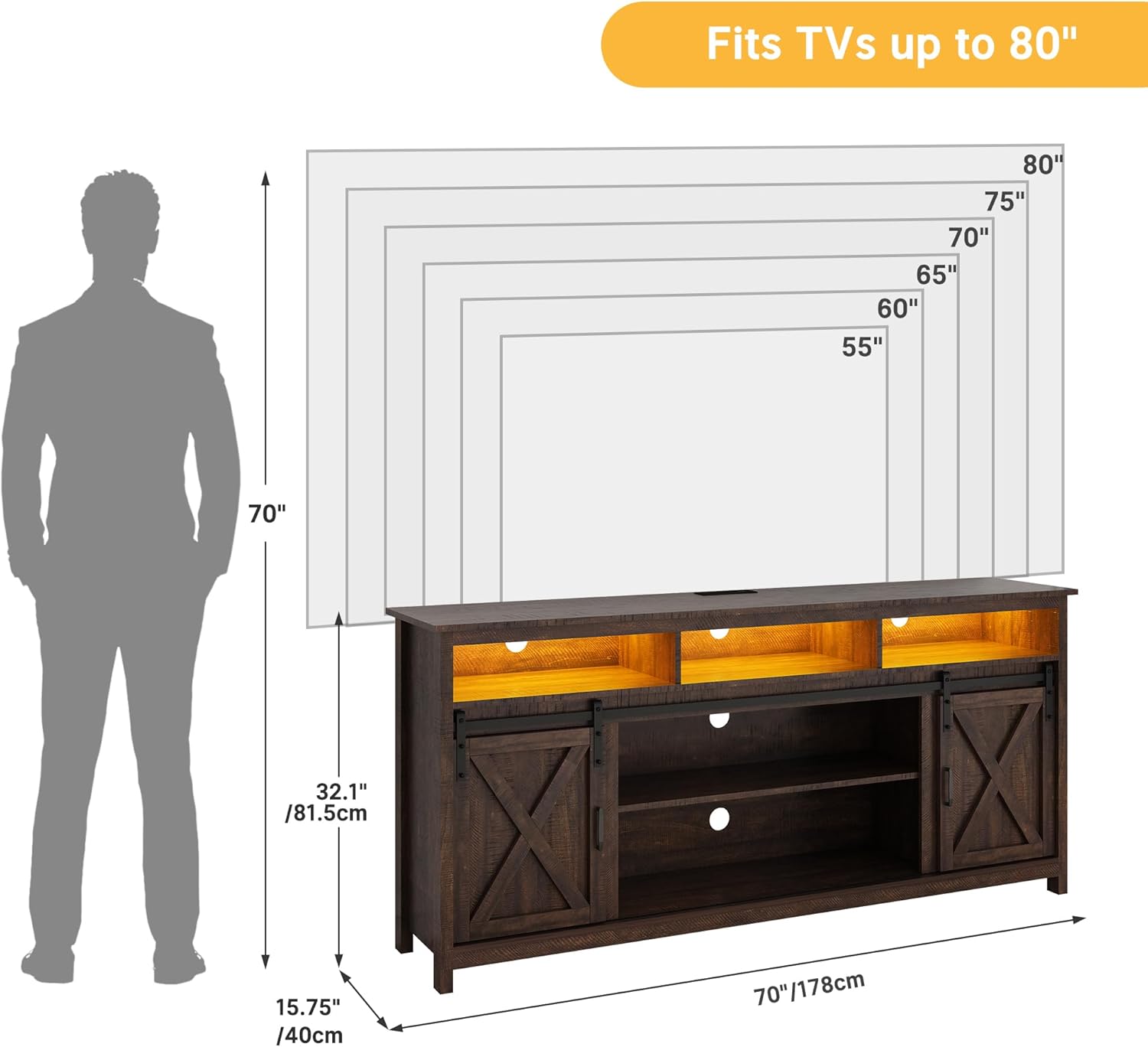 Vinctik 6&Fox 70in Wooden Farmhouse Entertainment Center for 80/75 inch TV,Double Layer Storage Farmhouse TV Stand,Double-Row Sockets with Wood Sliding Barn Door TV Stand(Double Layer Rustic Brown)