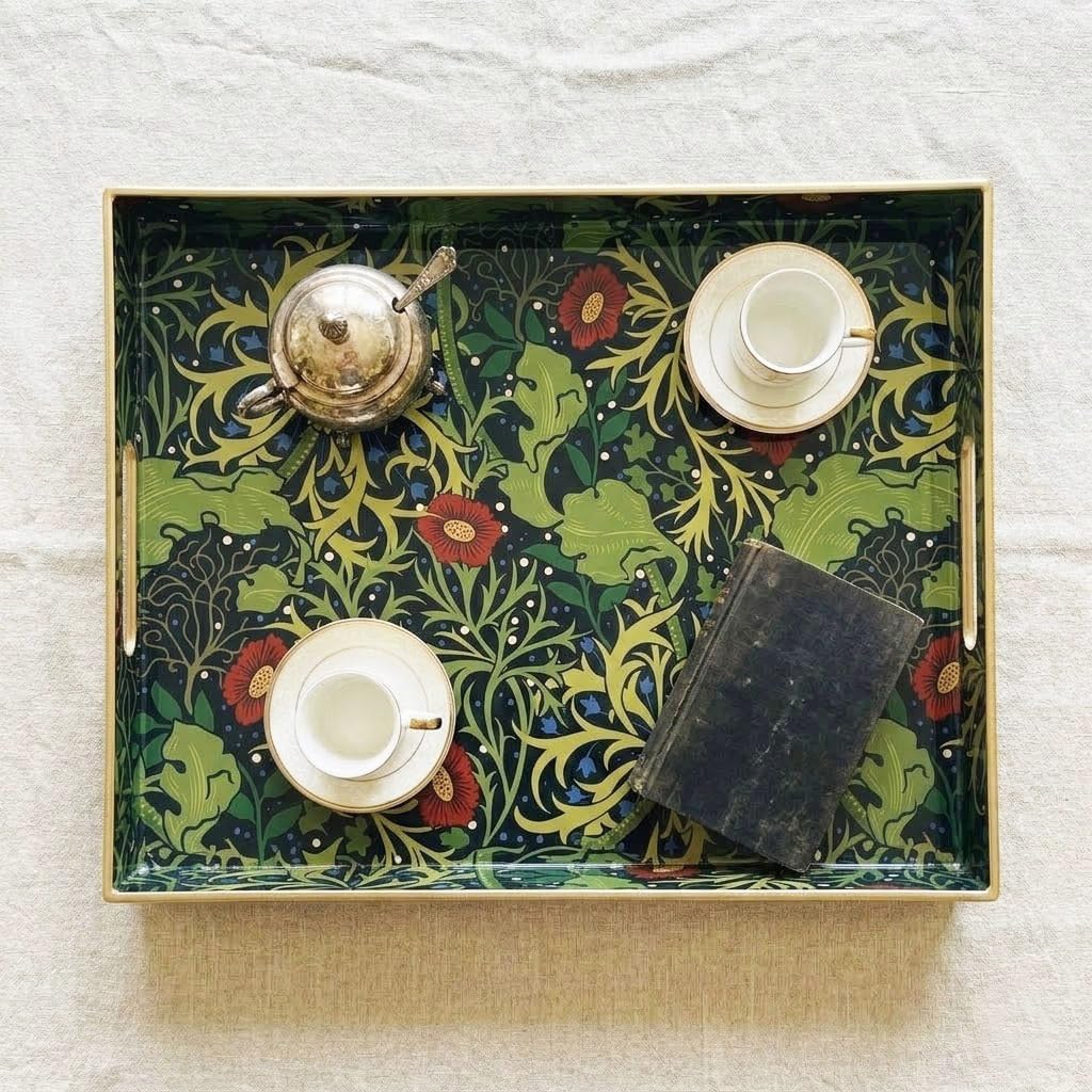15.8" x 11.8" Navy Green Plastic Serving Tray with Handles, Seaweed & Poppy Botanical Floral Pattern with Red & Blue Accents and Gold Trim, for Ottoman, Coffee Table, Vanity