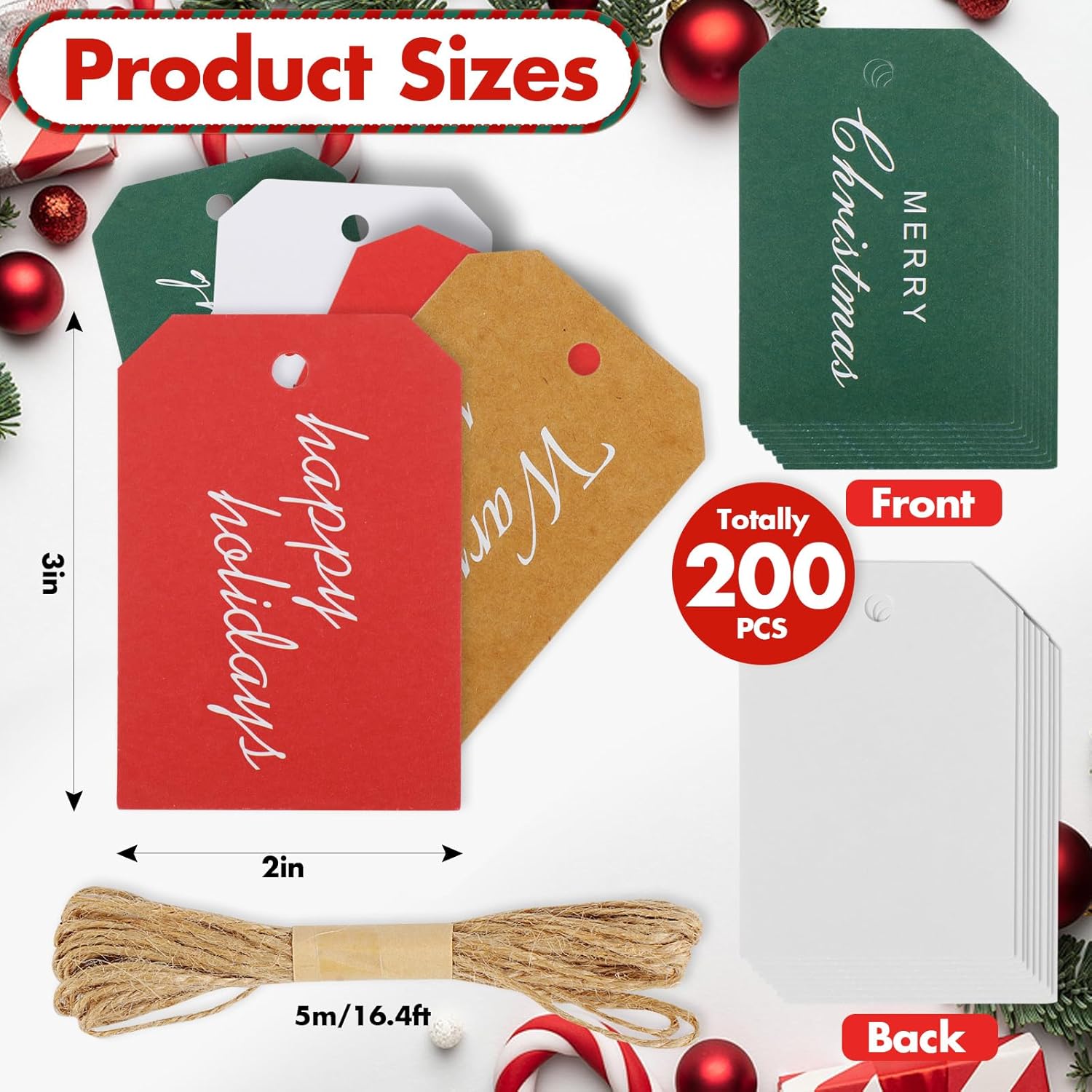 PECULA Christmas Gift Tags 200P, 4 Colors Hang Tags for Labeling 8 Different Types, Elegant Christmas Name Tags with String for DIY, Wrapping, Crafts, New Year, Decoration - Image 2