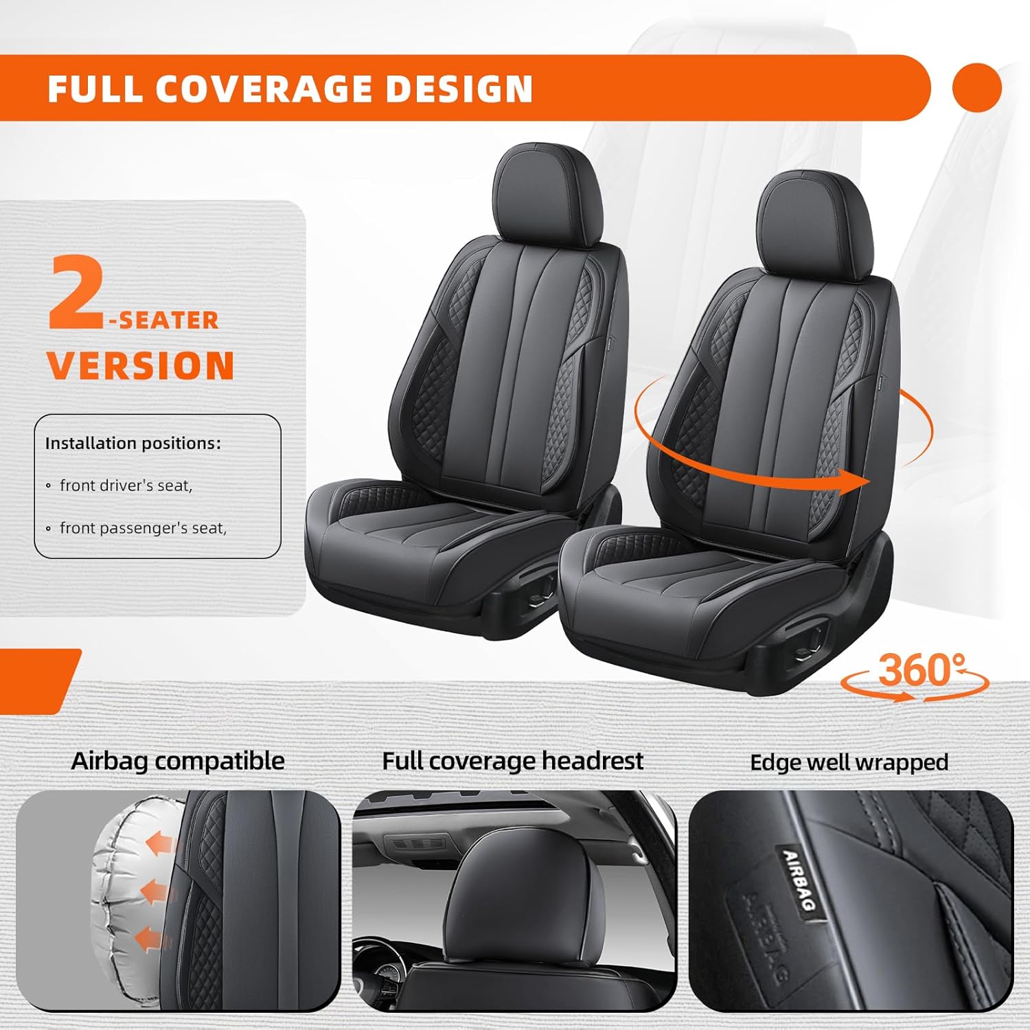 KEYOOG 2-Seater Car Seat Covers Full Set Waterproof and Breathable Nappa Leather, Fit for Front Seats of Cars, Compatible with Airbags, Car Seat Protector Covers for Most Cars - Pure Black