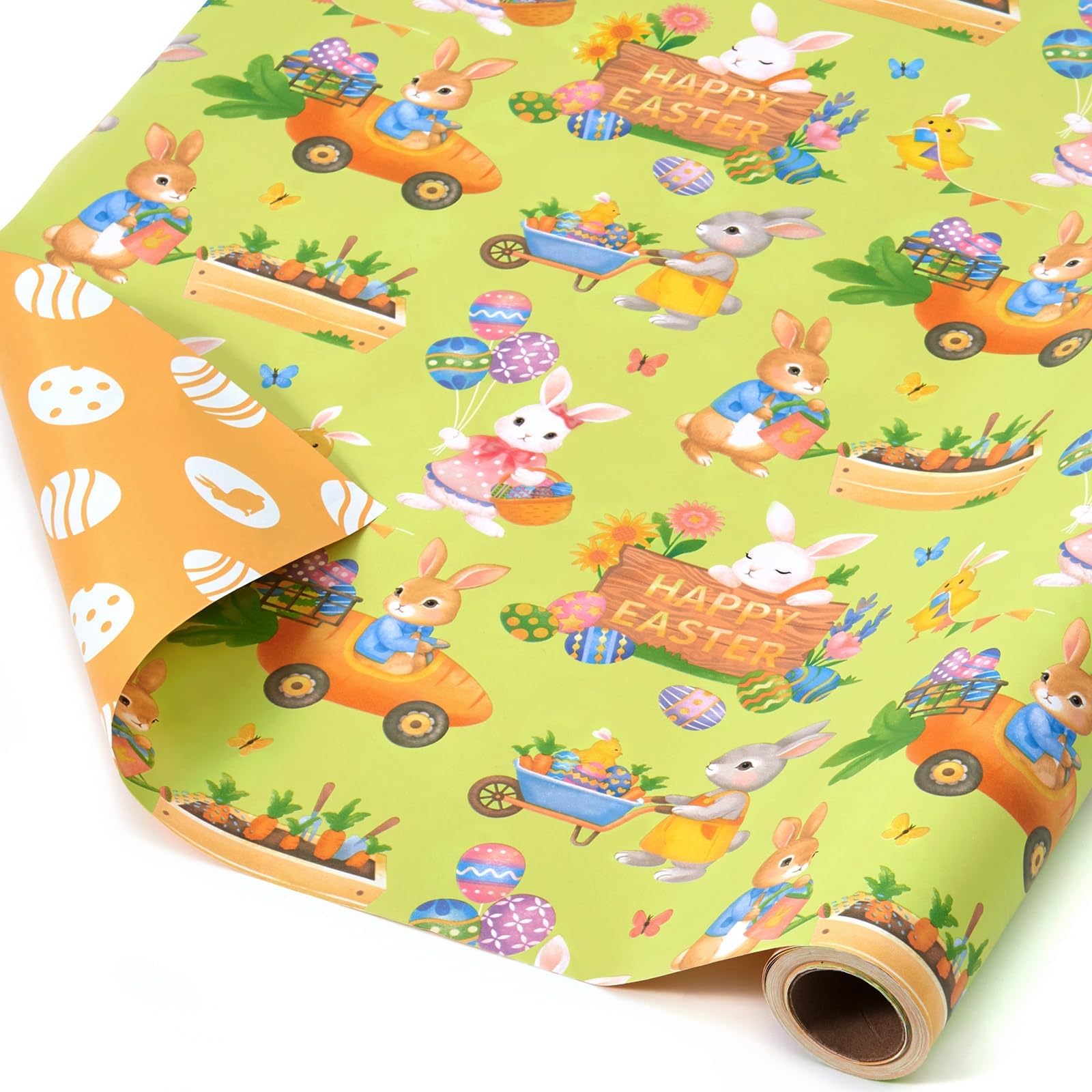 WERNNSAI Easter Wrapping Paper Roll - 1 Roll Green Easter Bunny Wrapping Paper for Kids Cute Yellow Bunny Wrapper for Spring Birthday Baby Shower DIY Craft Party Decor Large Gift Wrap 43cm x 10m