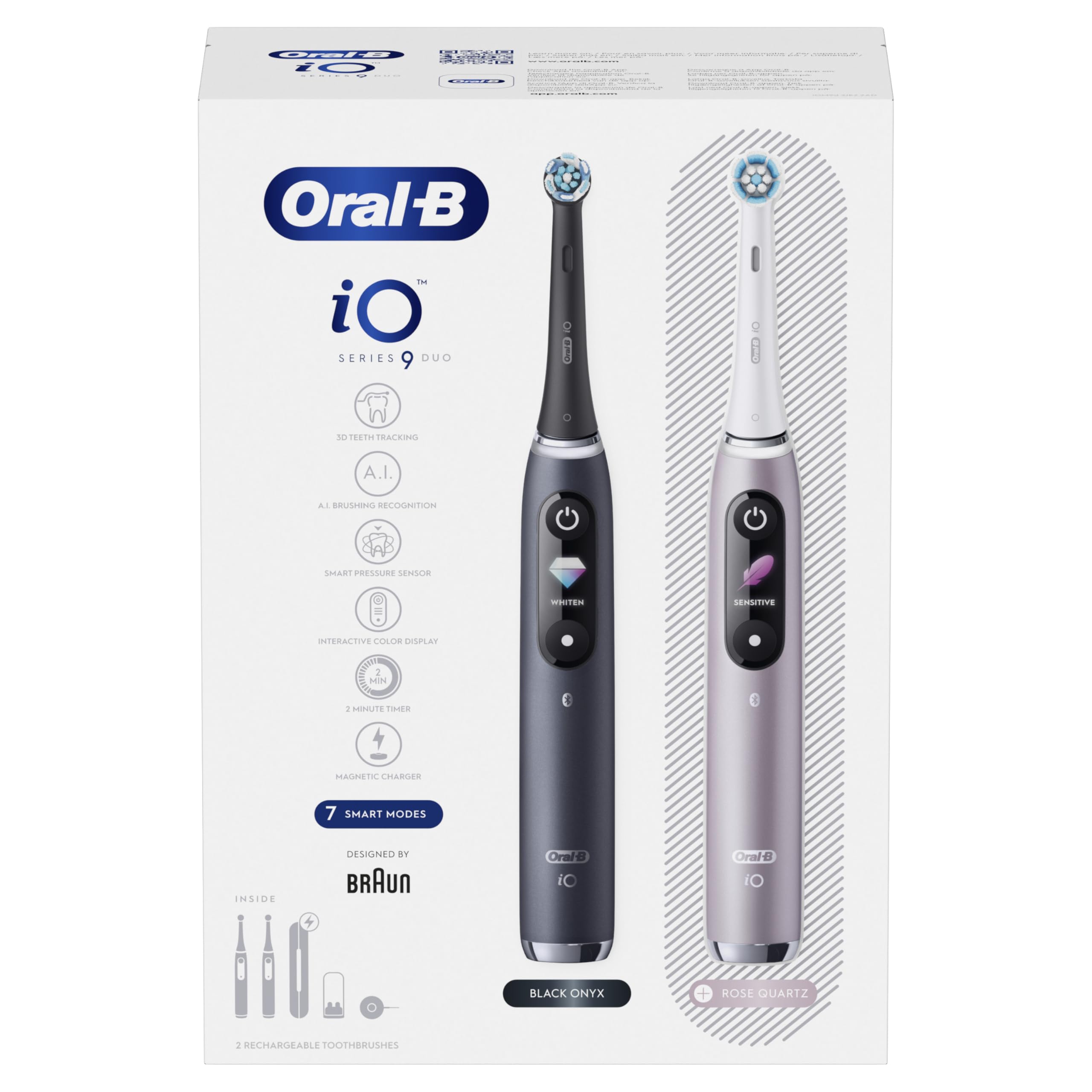Oral-B iO 9 Pack de 2 Cepillos de Dientes Eléctricos Negro y Rosa, Con 3 Cabezales y 1 Estuche Cargador de Viaje, 7 Modos De Limpieza, Sensor De Presión, Carga Rápida, Diseñado por Braun