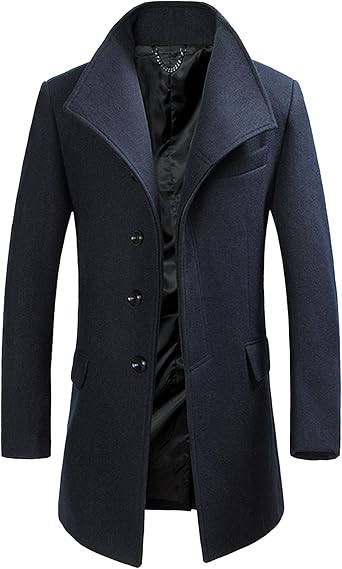 Mens Winter Slim Fit Business Top Coat Classic Woollen Single Breasted Overcoat Wide Lapel Trench Walker Coats
