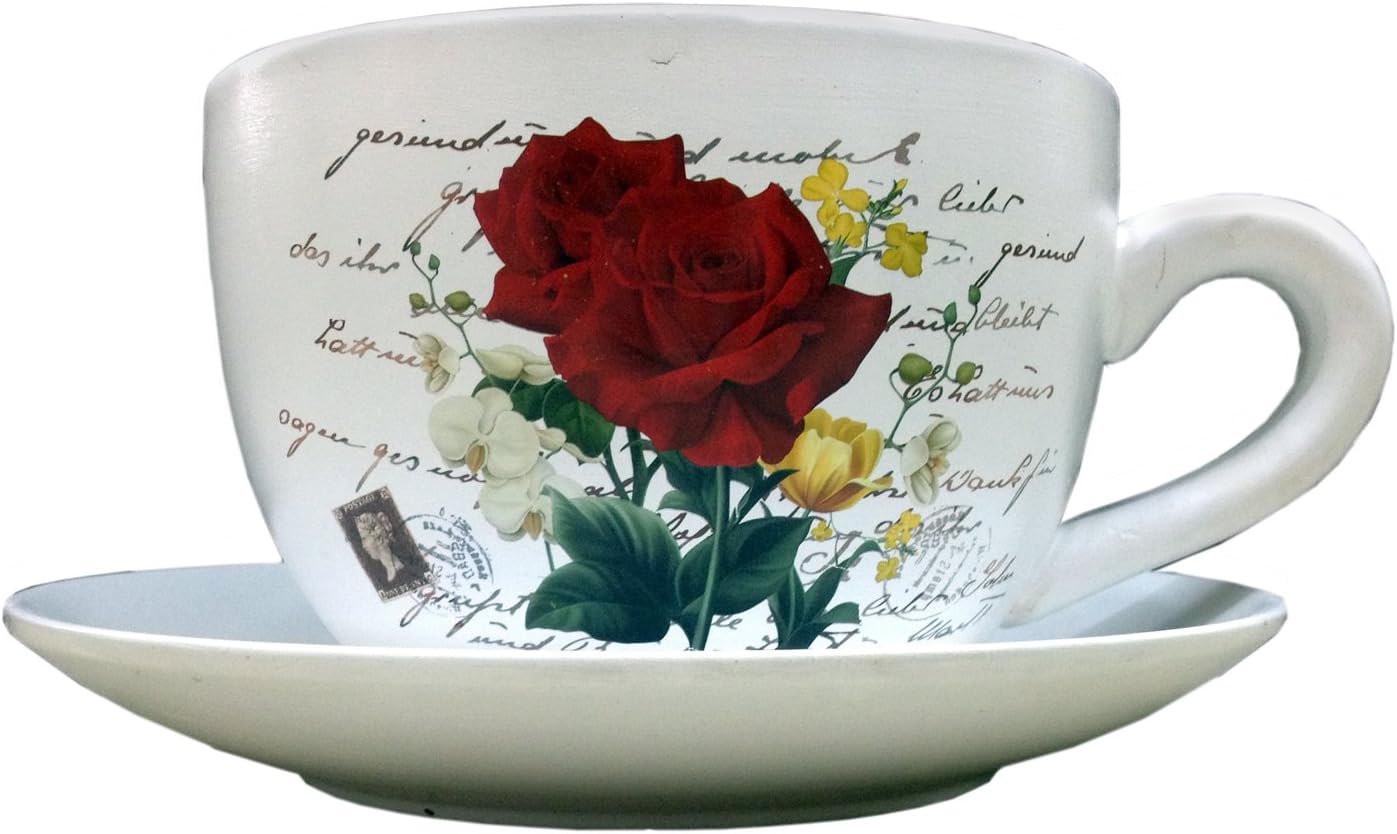 Red Rose Teacup Saucer Decorative Garden Planter 9.05" - 23cm