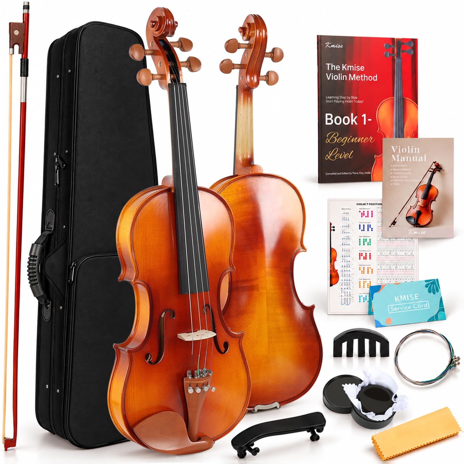 Kmise Teacher Approved 4/4 Full Size Violin Starter Kit for Adults Beginners Students, Tough Jujube Wood Acoustic Violins, Fiddle Bundle with Case, Bow, Rosin, Strings, Shoulder Rest &amp; Guide