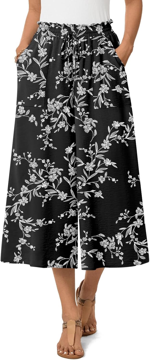 Anyhold Women's Capri Palazzo Pants High Waisted Wide Leg Adjustable Drawstring Loose Fit Summer Beach Pants Pockets - Image 3