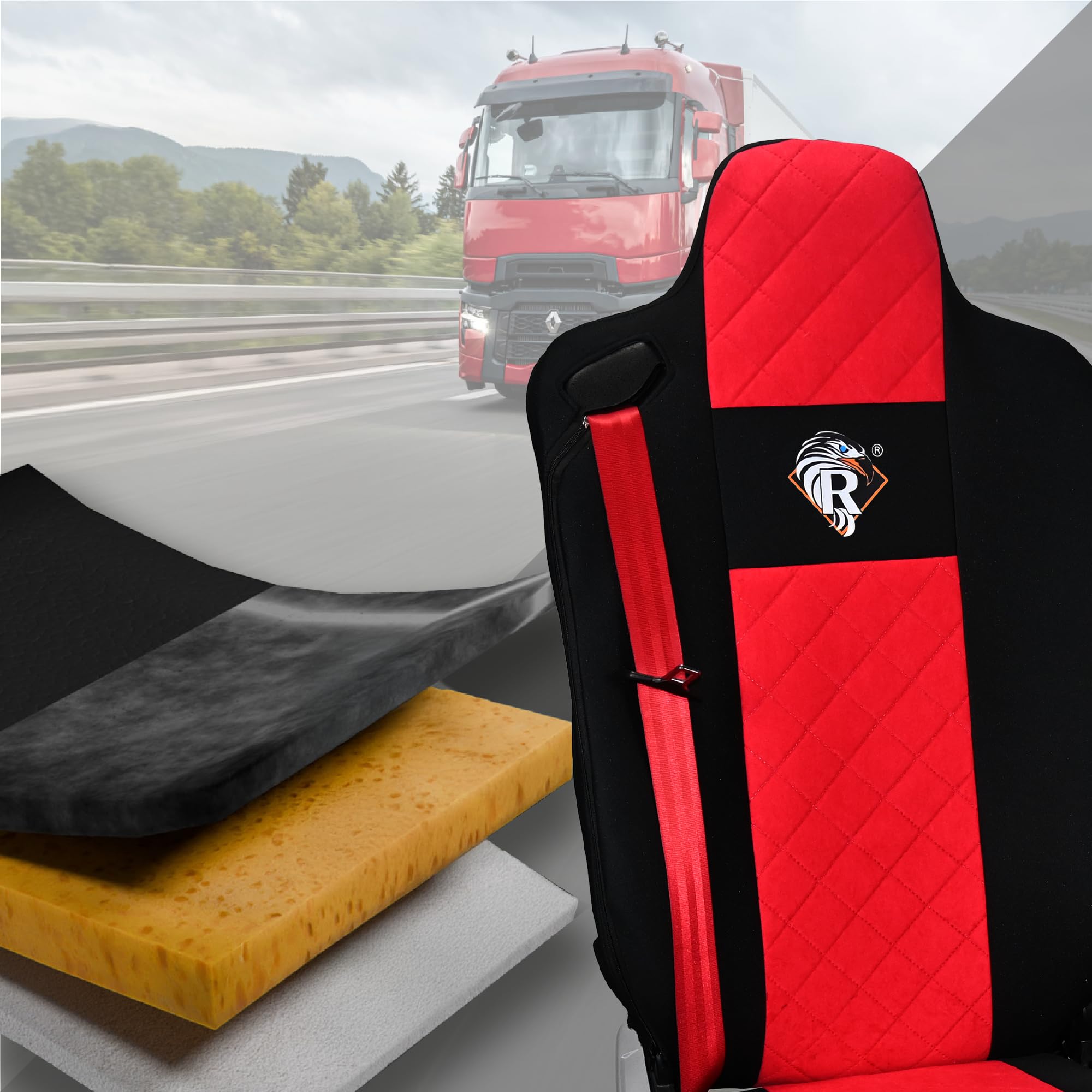 SABA Pokrowce na fotele dla Renault Gama T od 2014 kierowca z zagłówkiem, pasażer lotniczy 2 pasy Czerwony Akcesoria do ochraniaczy siedzeń ciężarówek - Ochrona przed brudem
