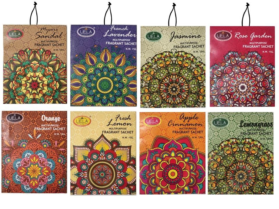 LIELA - Fragranced Sachets Set of 8, Fragrance - Lavender, Sandal, Rose, Jasmine, Fresh Lemon, Lemongrass, Orange & Apple Cinnamon