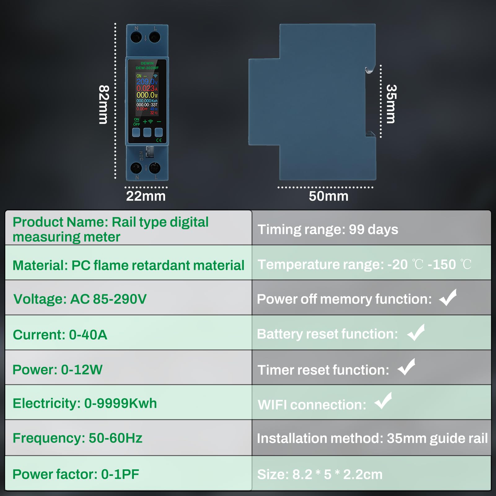 DEWIN Multifunkcyjny miernik napięcia AC i prądu AC85-290V/40A, z wyłączeniem przegrzania i przeciążenia (8 w 1 wifi)