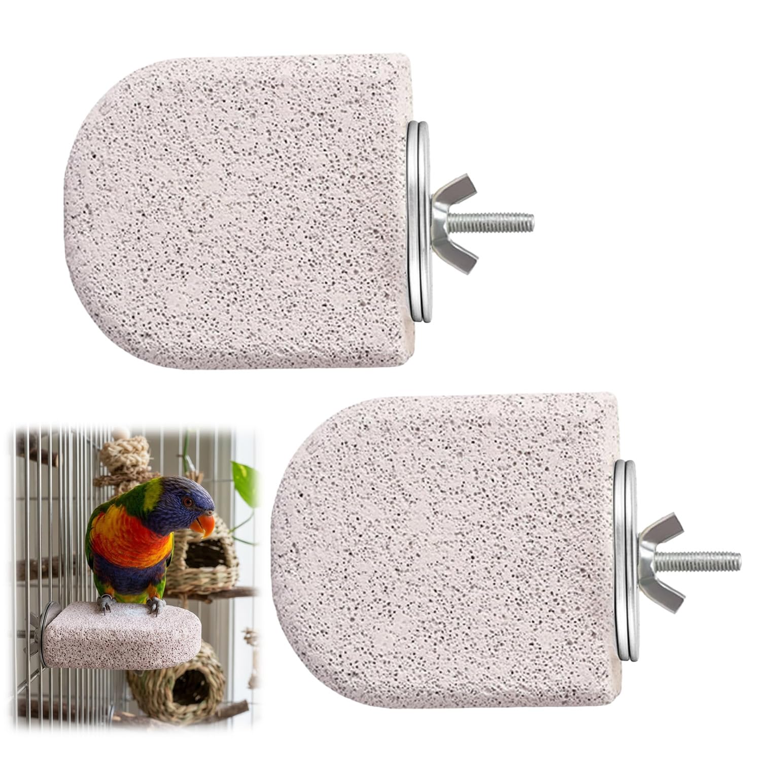 2 Pcs Pet Grinding Stone Perch, Natural Lava Ledge Bird Perch for Nail and Beak Maintenance, Budgie Perches for Cage Compatible with Parakeets Cockatiels Conures, Grey