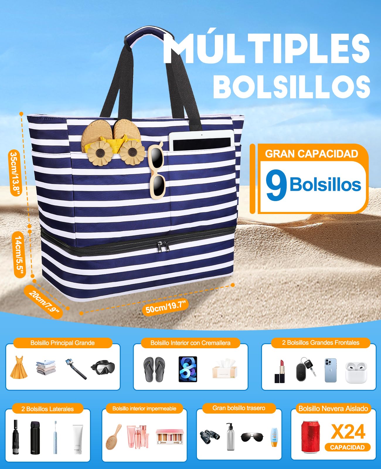 ISEYOU Bolsa Playa con Bolsa Termica Extraíble, Bolso Playa Mujer Impermeable con Cremallera 49L, Bolsas Grandes XXL Familiar con 8 bolsillos Plegable para Viajes, Picnic, Vacaciones