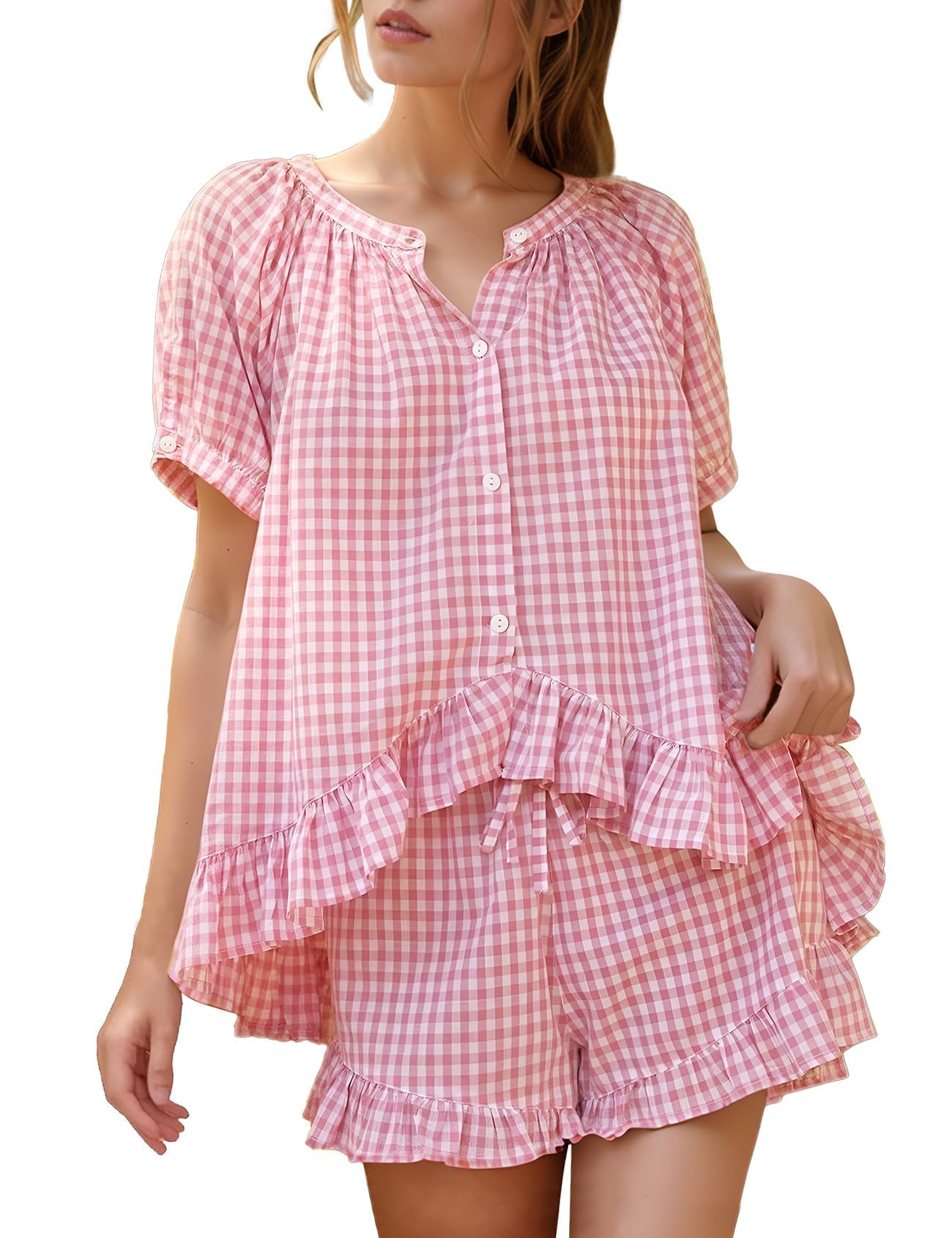 Flygo Womens Gingham Pajamas Set