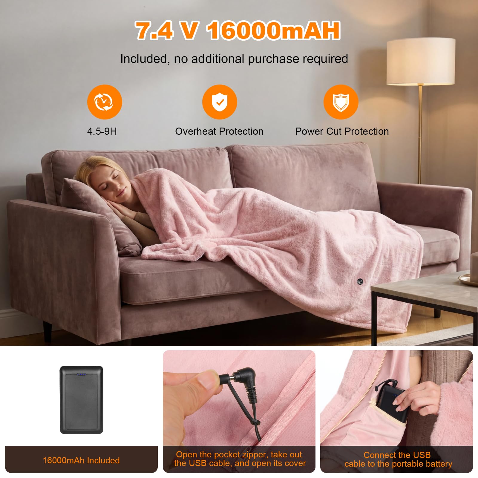 160x90cm Heizdecke Kabellos mit 16000mAh Akku, Waschbar Flanell Heizdecke zum Anziehen mit 6 Heizzonen und 3 Temperaturstufen, USB Elektrische Wärmedecke für Sofa, Büro, Reisen, Camping (Rosa)