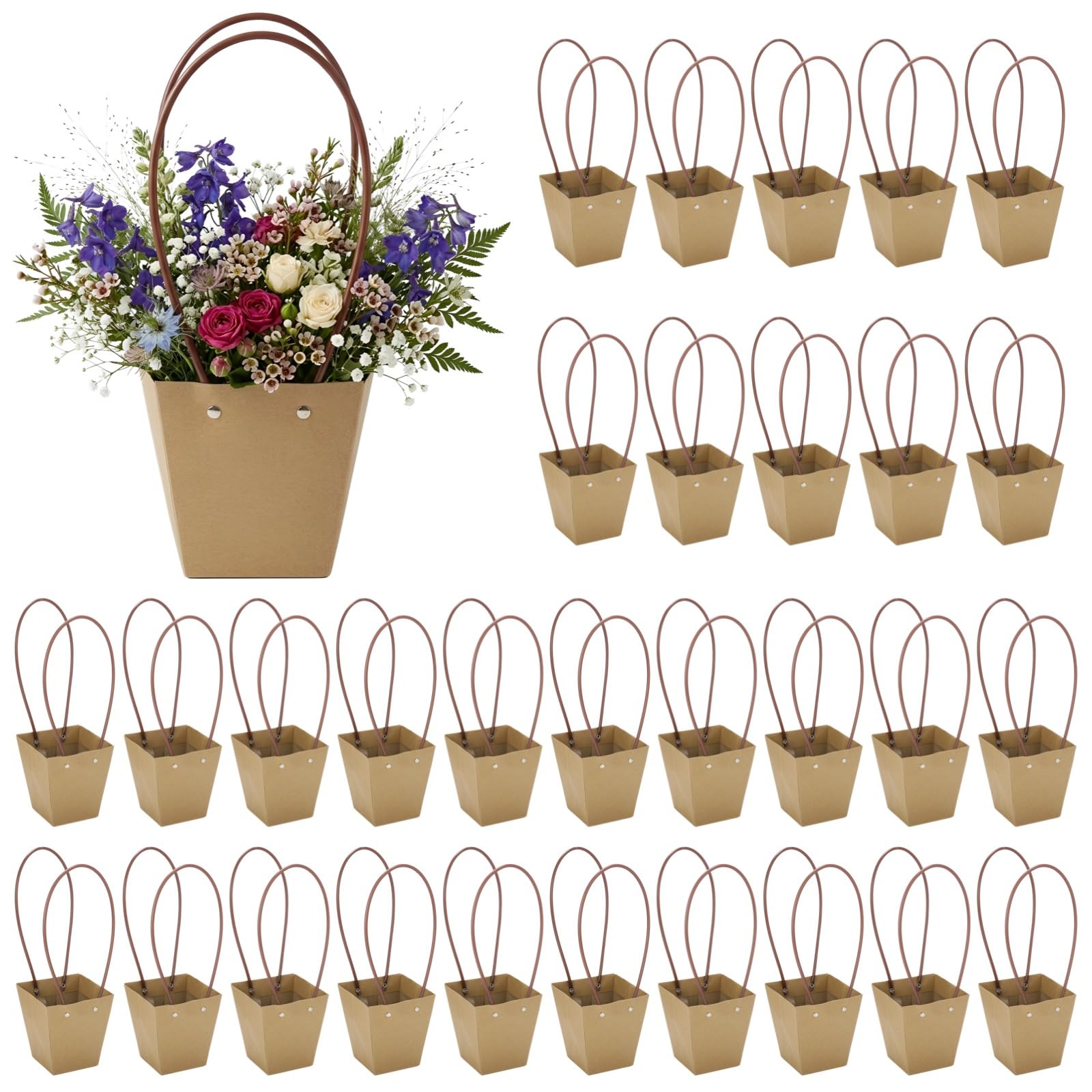 30 sacchetti regalo per fiori in carta kraft, con manici, sacchetti spessi per bouquet, design trapezoidale, fodera interna impermeabile, ideali per composizioni floreali, matrimoni, feste di