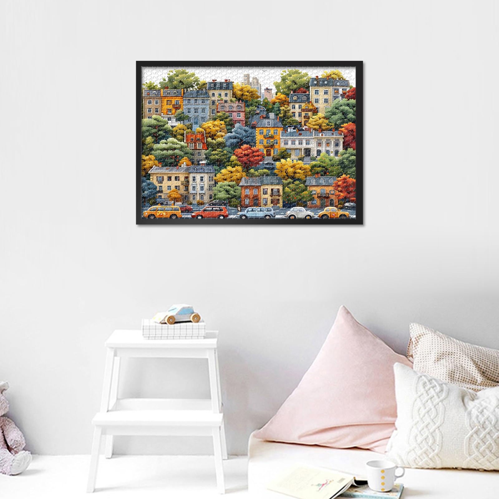 Houses Trees Cars Puzzles Artwork Home Wall Decor as Gifts for Puzzle Lovers 1000 Pieces Cityscape Jigsaw Puzzles for Adult Intellectual Games Challenging Puzzle 27.5"X19.7" - Image 4