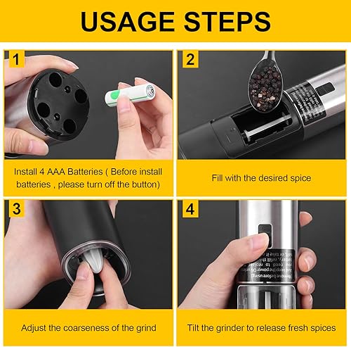Miniatura 6 de Gravity - Molinillo eléctrico de sal y pimienta, molinillo de pimienta con batería automática, gran capacidad, grosor ajustable, acero inoxidable,