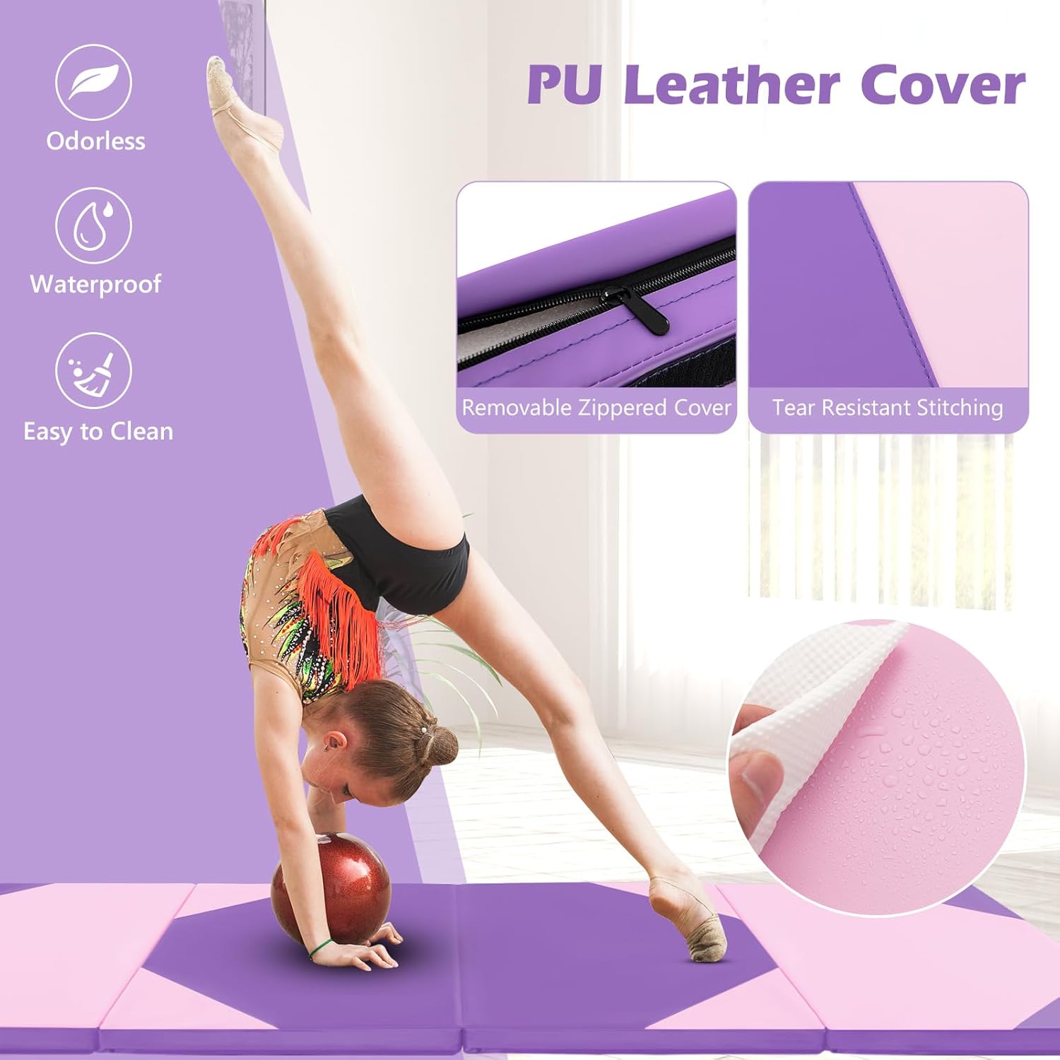 Goplus Folding Gymnastics Mat, 10’ x 4’ x 2’’ Thick Tumbling Mats with PU Leather, Hook & Loop Fasteners, Portable Handles, 4-Panel Exercise Mat for Home Gym Workouts, Yoga