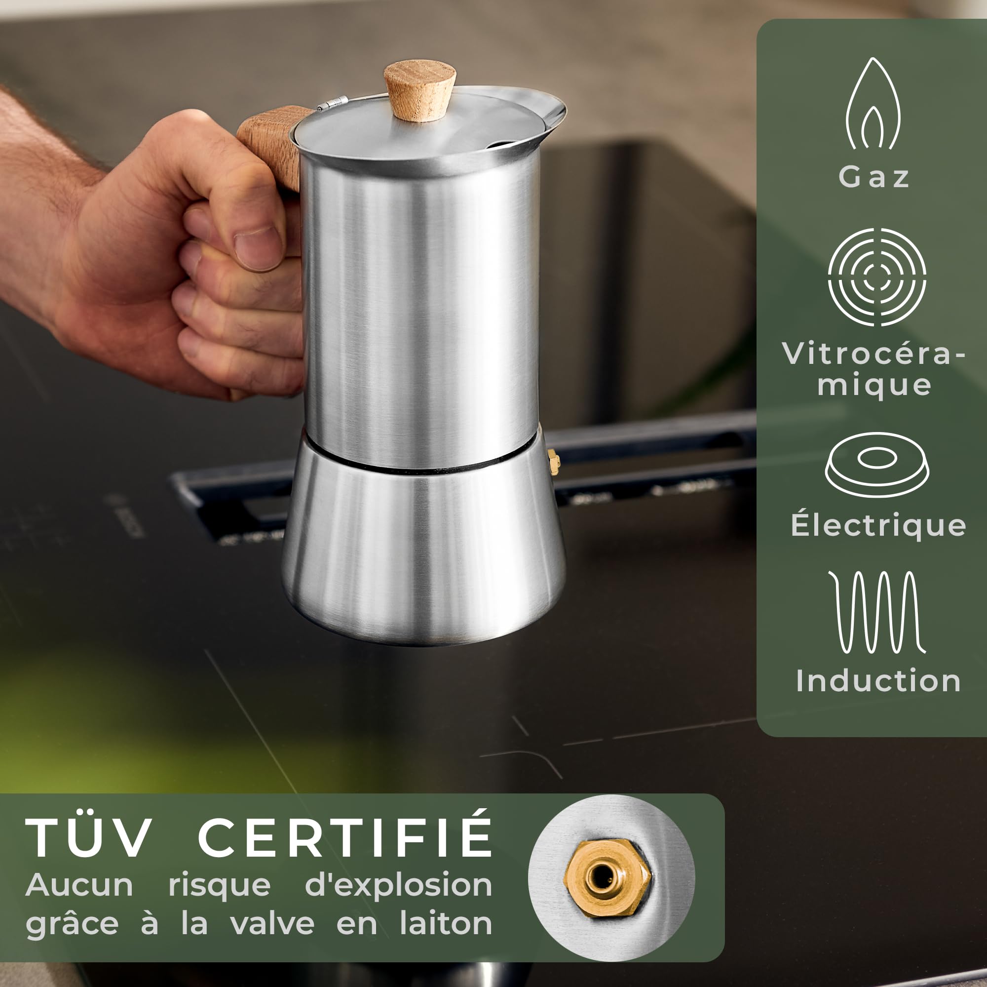 WALDWERK Cafetière Italienne (300ml) - Induction Compatible - Inox Avec Poignée en Chêne Véritable - Moka Pour Tous Types de Plaques