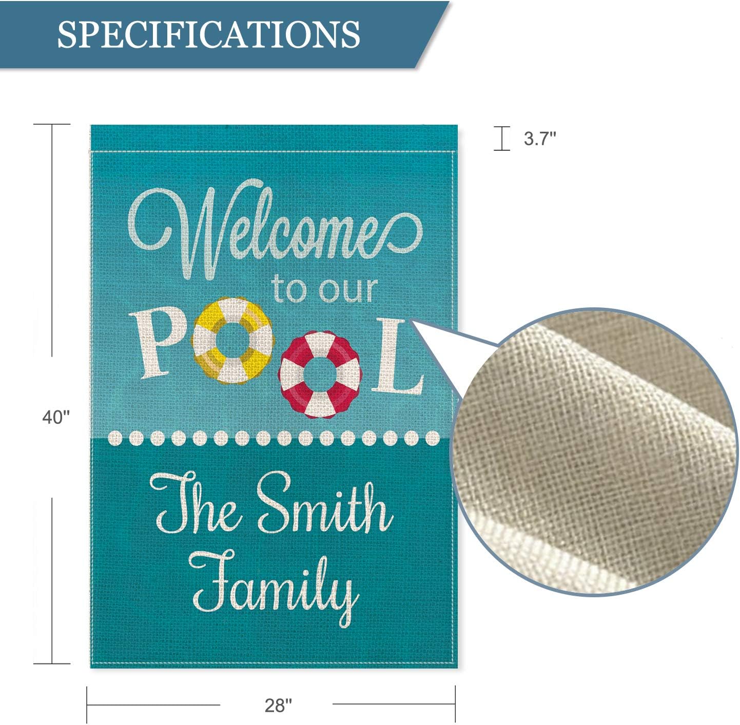 SMILE Personalized House Flag, Welcome to our pool Customized Family Name, Double Sided 28 x 40 Inch Rustic Farmhouse Burlap Yard Outdoor Decoration